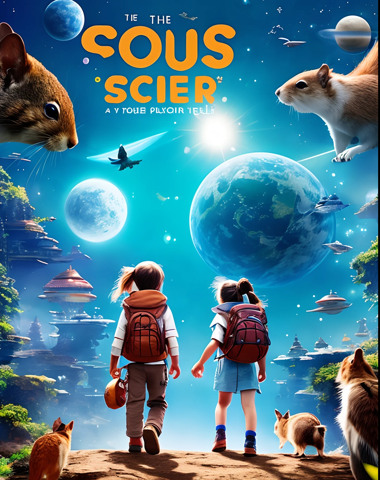 Stages of science fiction。Boy and girl explorer walking side by side、Meet the small animals、Animals are gathering。Boys and girls came to explore。Invite animals to join。Laughing。hopeful smile、Hareful、a squirrel、birdie、bear、a Dog、Cat、moles、Boys and Girls ???? Expedition、With Zach on my back、Several planets in the blue sky