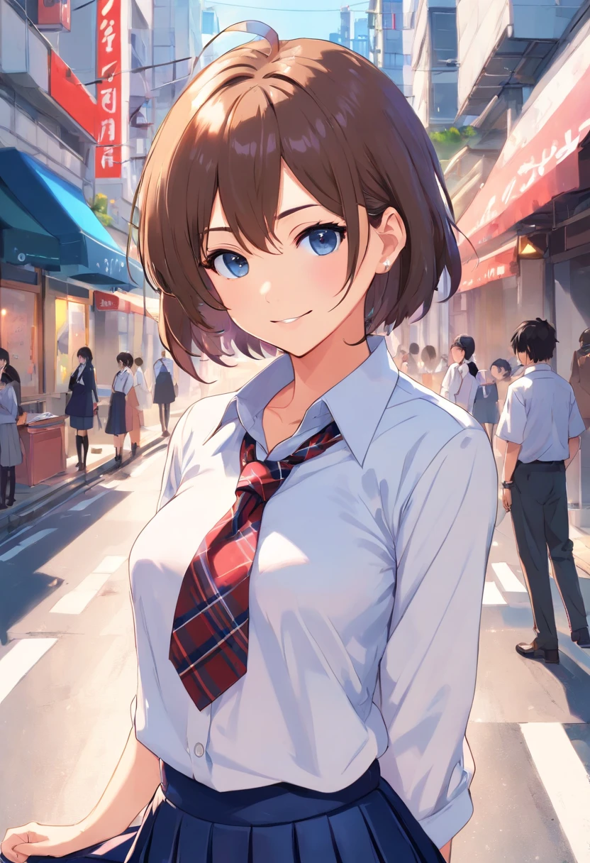 masterpiece, best quality, full body, 1girl, bangs, black choker, black tie, blue skirt, blush, bracelet, breasts, choker, waist clothes, collar bone, collared shirt, cowboy shot, dress shirt, body piercing ear, eyebrows visible through hair, gradient hair, smile, gyaru, jewelry, kogal, long hair, looking at viewer, loose tie, cravat, piercing, plaid, plaid skirt, pleated skirt, red eyes, ring, school uniform, shirt, skirt, smile, solo, white shirt, street,Tokyo, petals, illustration, (magazine: 1.3), (cover style: 1.3), elegant, woman, vibrant, outfit, posing, front, colorful, dynamic, background , elements, confident, expression, holding, statement, accessory, majestic, wrapped, around, touch, scene, text, cover, bold, flashy, title, elegant, font, catchy, headline, biggest, striking, modern, trendy , focus, fashion