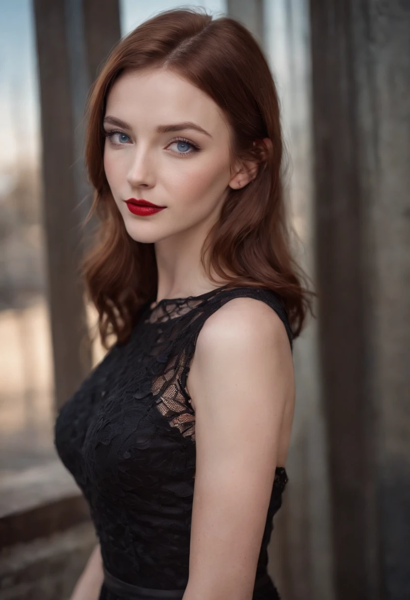 smirking reddish brown hair girl, blue eyes, beautiful, full body, small breasts, wearing a black short dress with fishnet stockings, high heels on feet, red lipstick