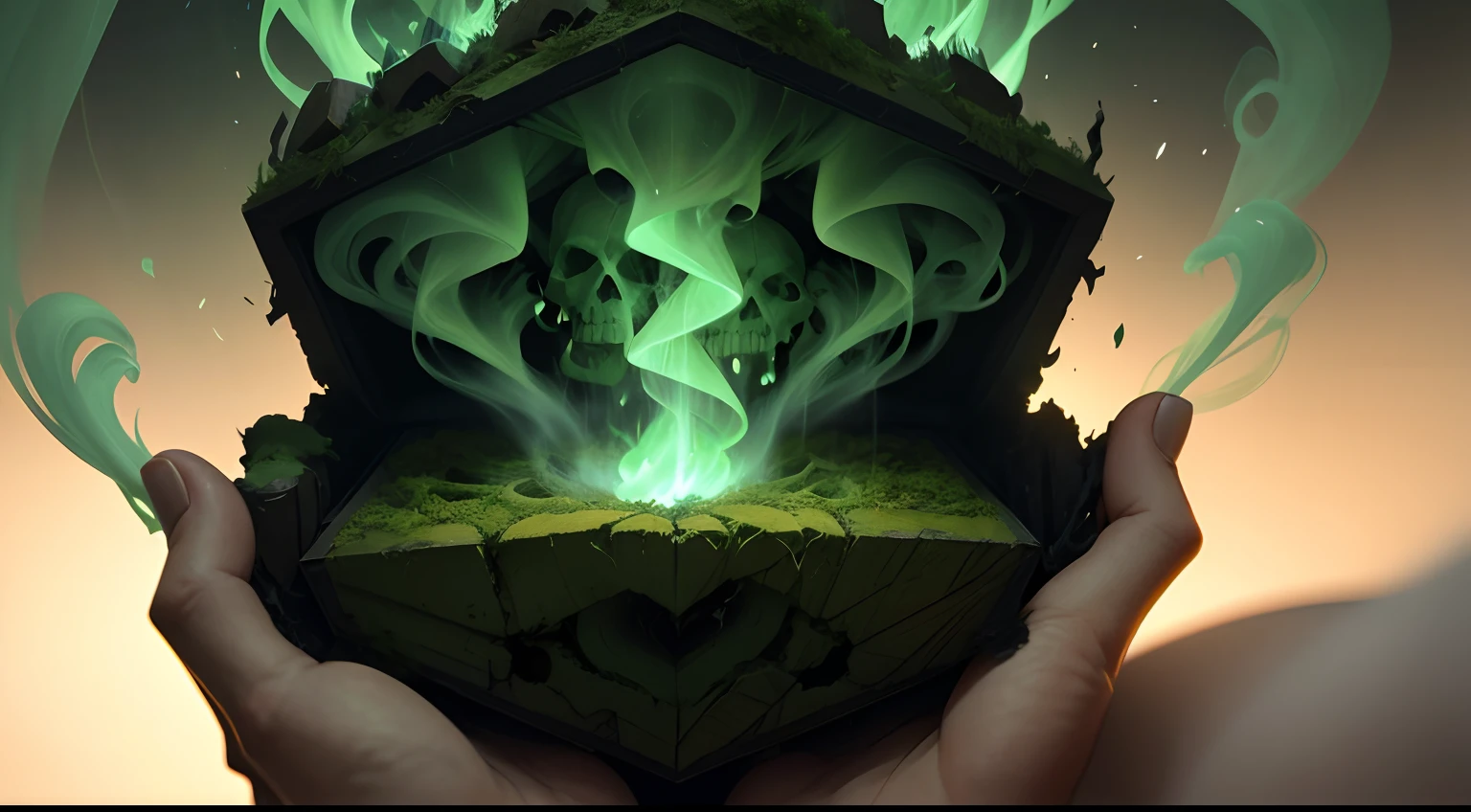 Illustrate Pandora opening the box given to her by the gods, with a dense green smoke pouring out in the shape of skulls, symbolizing the unleashed suffering and despair