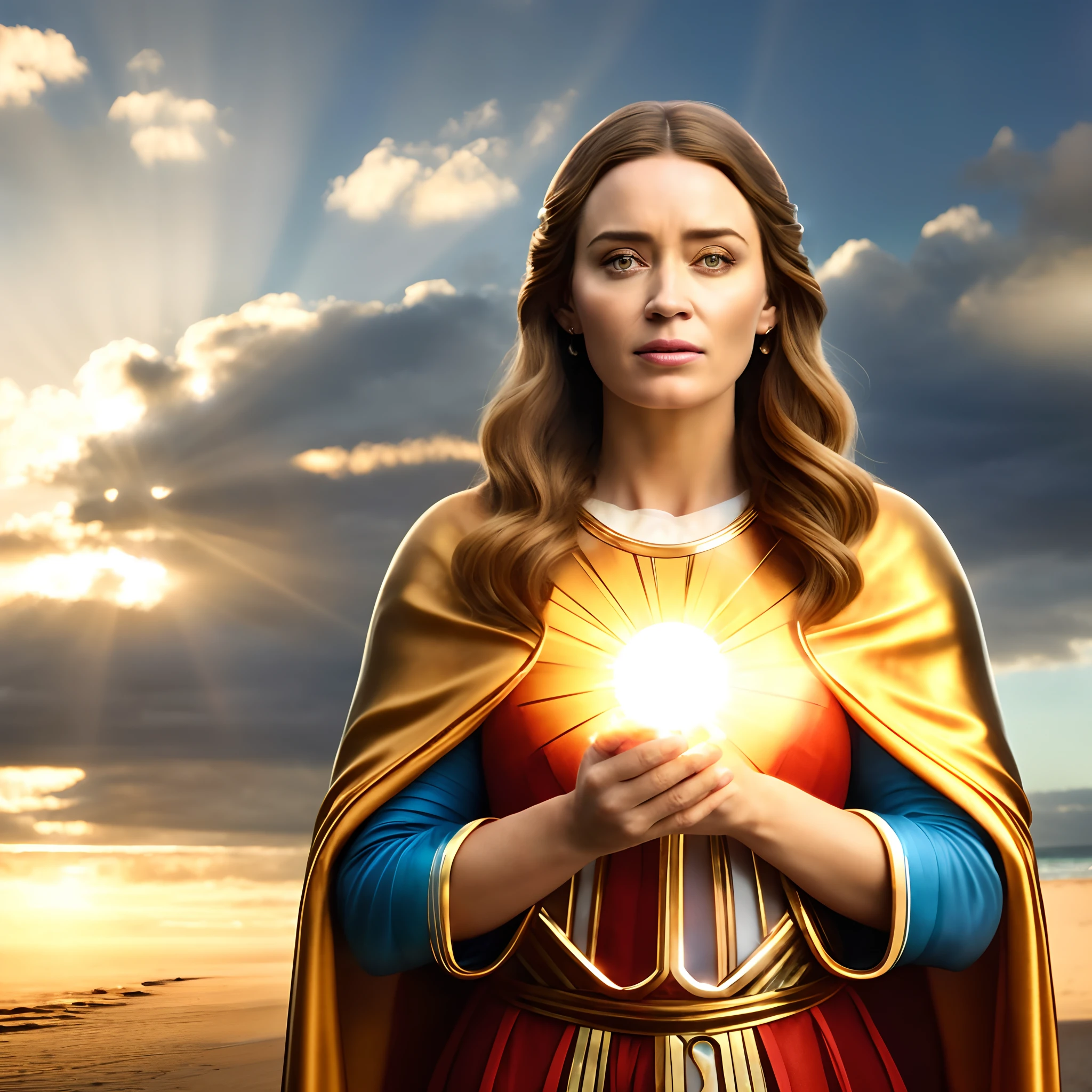 arafed image of a woman holding a glowing ball on a beach, majestic saint woman, sunburst behind woman, holy sacred light rays, queen of heaven, portrait of queen of light, portrait of emily blunt as queen, majestic light, a woman holding an orb, bright light masterpiece, holding a holy symbol, by Juan O'Gorman, goddess of light