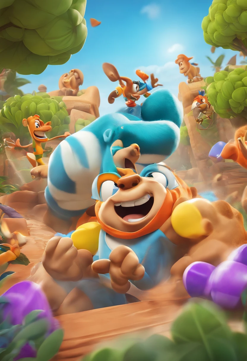 "Descreva uma partida intensa em Stumble Guys, where colorful characters are competing fiercely on a challenging obstacle course. Enfatize a rivalidade entre os jogadores, The funny moments of falls and stumbles, and the search for the ultimate prize. Capture the excitement and chaos as these clumsy competitors try to overcome every challenge to become the champions of the game."