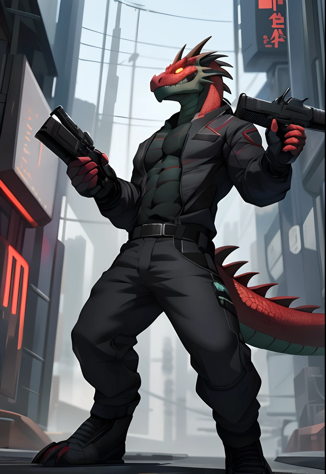 Dragon, anthro, long neck, green body, wide hips, large breast, Cyberpunk, wing son her back, bottomless, breast, 3/4 view, cute blushing, bare chest, looking back, butt, jacket