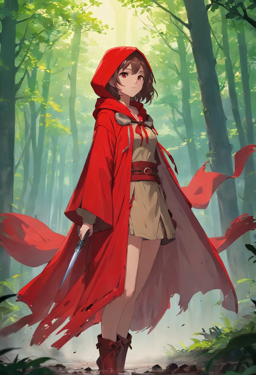 That beautiful Little Red Riding Hood，Little Red Riding Hood floats in the air with a cold expression。She looked  or 13omplexion is pale，Tall and tall，cold and glamorous，Full of wildness，Her hood、The shawl was bright red as blood，Under her shawl，It is a linen power suit with a bundled body..，Has a leather shoulder strap on the chest，Wear a python fur belt around your waist，Pedal Deerskin Boots。Eta、What fits this outfit，It was the dagger that shone in the cold light、Hammer and throwing knife... An invisible force bloomed from within her，Form a force field for a perfect circle，The surface of the mud underfoot is semicircular and concave。subtle makeup，prime time，realisticlying，highly contrast，8K HD，A detailed，Hyper-detailing，realistic skin textures，Cover the red hood，Large cleavage，best qualtiy，超A high resolution，RAW photogr，dramatic  lighting，unrealengine，diffuse glow，intricate red hood，outside of house，realistic detailed dark forest，leaves falling，light wind，（Take the head of a slaughter wolf、dripping blood）