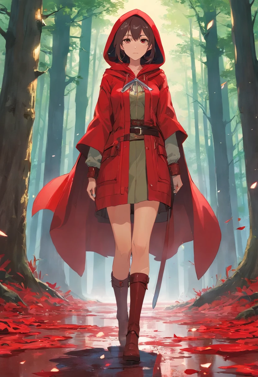 That beautiful Little Red Riding Hood，Little Red Riding Hood floats in the air with a cold expression。She looked 12 or 13 years old，complexion is pale，Tall and tall，cold and glamorous，Full of wildness，Her hood、The shawl was bright red as blood，Under her shawl，It is a linen power suit with a bundled body..，Has a leather shoulder strap on the chest，Wear a python fur belt around your waist，Pedal Deerskin Boots。Eta、What fits this outfit，It was the dagger that shone in the cold light、Hammer and throwing knife... An invisible force bloomed from within her，Form a force field for a perfect circle，The surface of the mud underfoot is semicircular and concave。subtle makeup，prime time，realisticlying，highly contrast，8K HD，A detailed，Hyper-detailing，realistic skin textures，Cover the red hood，Large cleavage，best qualtiy，超A high resolution，RAW photogr，dramatic  lighting，unrealengine，diffuse glow，intricate red hood，outside of house，realistic detailed dark forest，leaves falling，light wind，（Take the head of a slaughter wolf、dripping blood）