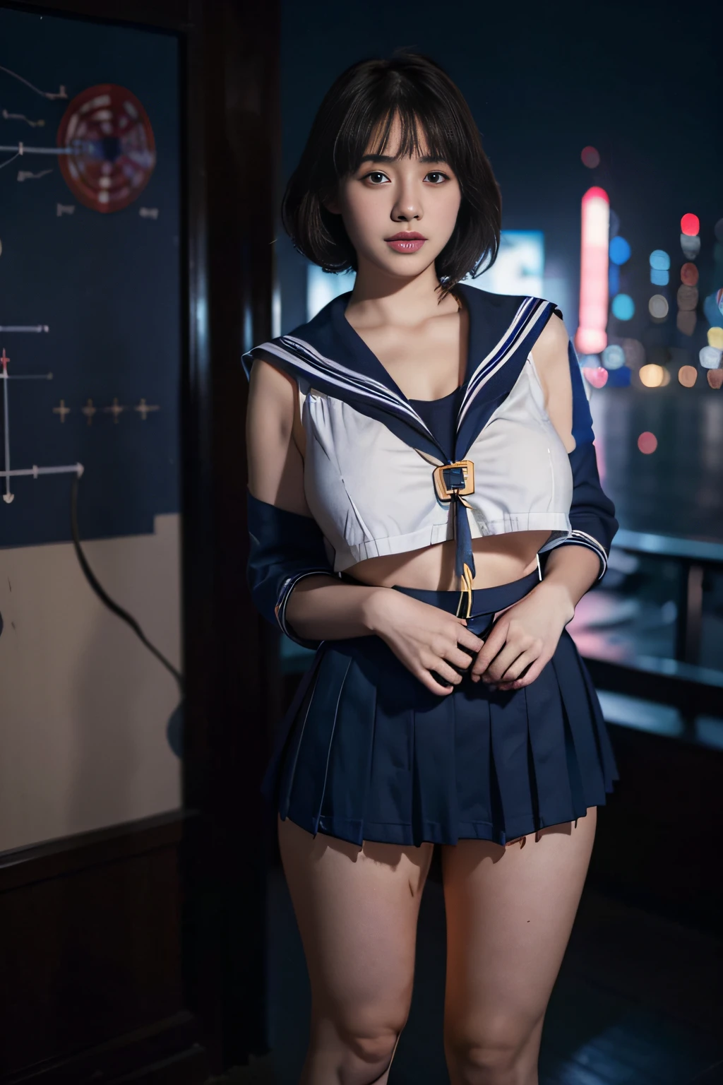 (Realistic、Brilliant action)、 (​masterpiece、high-level image quality、hightquality)、1girl in, Night, Cityscape, City lights, Upper body, close up of crotch, 8K Video, Best Quality, masutepiece, Realistic, photographrealistic, (Colossal tits:1.5), thick thighs, A Japanese Lady、, Short hair, Brunette hair, ((Full body))、Fantastic images with dreams、Stars in the night sky、Unleash Love、Sexual arousal in adults、(((Target Schools、Sailor Suit Rebel Alliance、Forcibly sexually sexualize female students、 、a science fiction film、Sailor School Uniform)))、(((sexual excitement、Opening legs、Fighting heroine)))