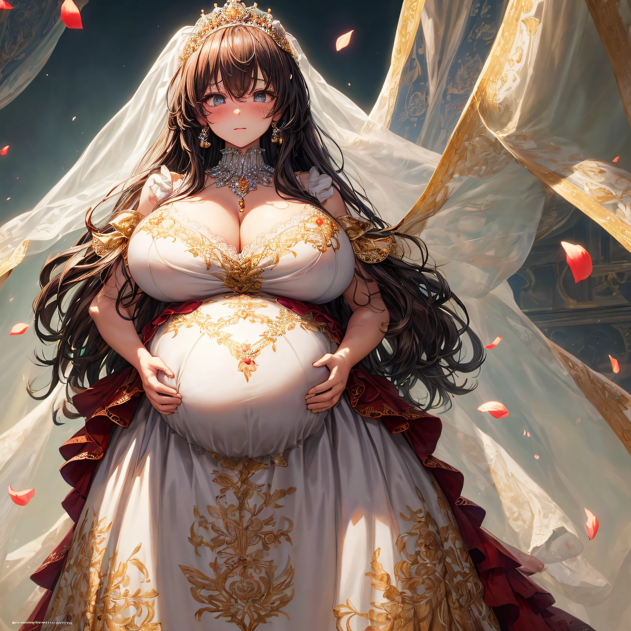 (masterpiece, best quality,extremely detailed:1.1),(moe anime art style:1.2),1girl,((full body,focus face)),((solo)), cute, kawaii,digital art,((1 bling-bling pregnant princess wearing beautiful embroidery and jeweled gorgeous ballgown with jeweled voluminous full length hoop skirt)),(((heavily pregnant))),very big pregnant belly,((crinoline)),long train,voluminous frills,See-through,(gorgeous embroidery and beautiful lace),((very gigantic boobs,skindentation)),cleavage,shiny hair,(((very long hair))),((embarrassed)),anguish,((finely detailed face and eyes)),clear pupil,extremely gorgeousfull hair ornament,(bling-bling jeweled extremely gorgeousfull tiara),(bling-bling gorgeous gemstone jewelry),long veil,beautiful background,fantasy background,flowers,flower petals flowing,full body,((beautiful embroidery and jeweled ruffled gorgeous ballgown with voluminous full length hoop skirt))