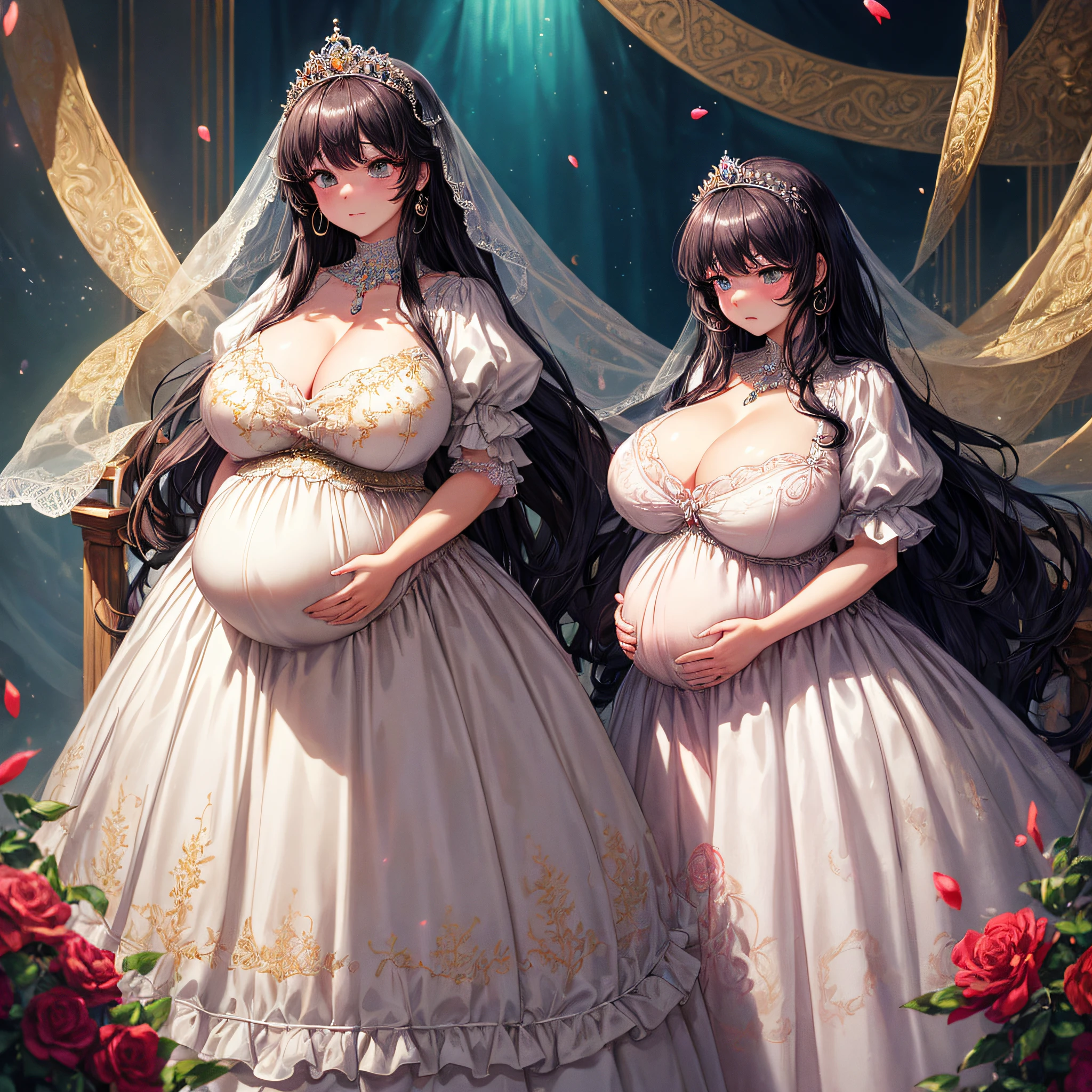 (masterpiece, best quality,extremely detailed:1.1),(moe anime art style:1.2),1girl,((full body,focus face)),((solo)), cute, kawaii,digital art,((1 bling-bling pregnant princess wearing beautiful embroidery and jeweled gorgeous ballgown with jeweled voluminous full length hoop skirt)),(((heavily pregnant))),very big pregnant belly,((crinoline)),long train,voluminous frills,See-through,(gorgeous embroidery and beautiful lace),((very gigantic boobs,skindentation)),cleavage,shiny hair,(((very long hair))),((embarrassed)),anguish,((finely detailed face and eyes)),clear pupil,extremely gorgeousfull hair ornament,(bling-bling jeweled extremely gorgeousfull tiara),(bling-bling gorgeous gemstone jewelry),long veil,beautiful background,fantasy background,flowers,flower petals flowing,full body,((beautiful embroidery and jeweled ruffled gorgeous ballgown with voluminous full length hoop skirt))