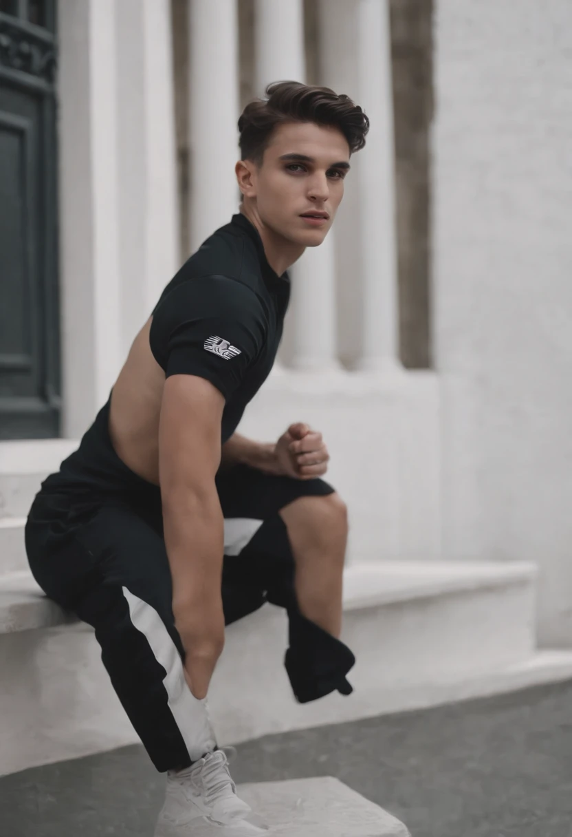 Apuesto joven con una altura de 183,De pie en un patio de recreo,Parte superior blanca,Pantalones cortos negros,Medias blancas Nike,con piel clara,Estatura delgada,usa gafas,La entrepierna sobresale,He's stroking himself