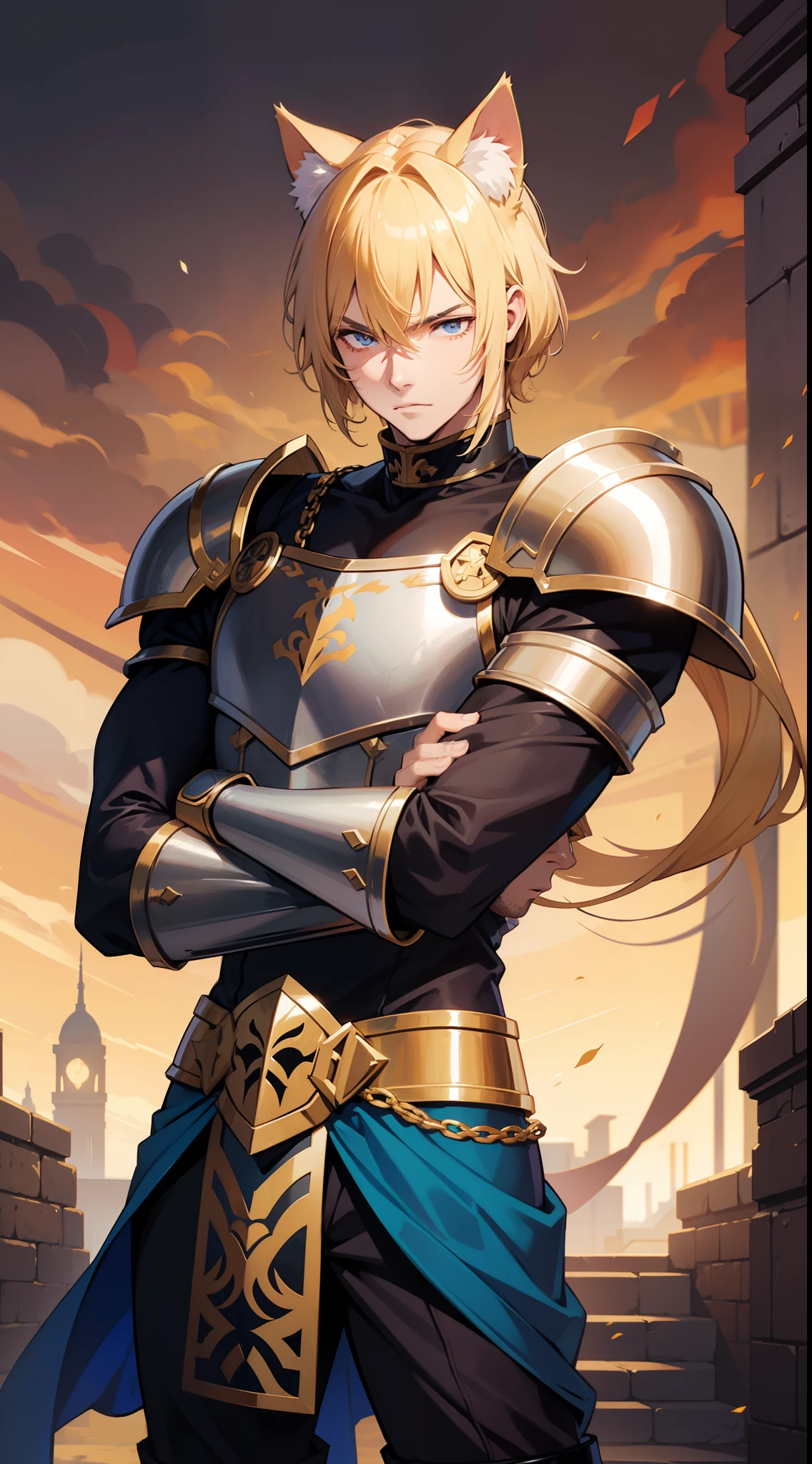 Blonde man with cat ears on head,Gauntlet in hand, musculoso,forte, homem malhado,armadura