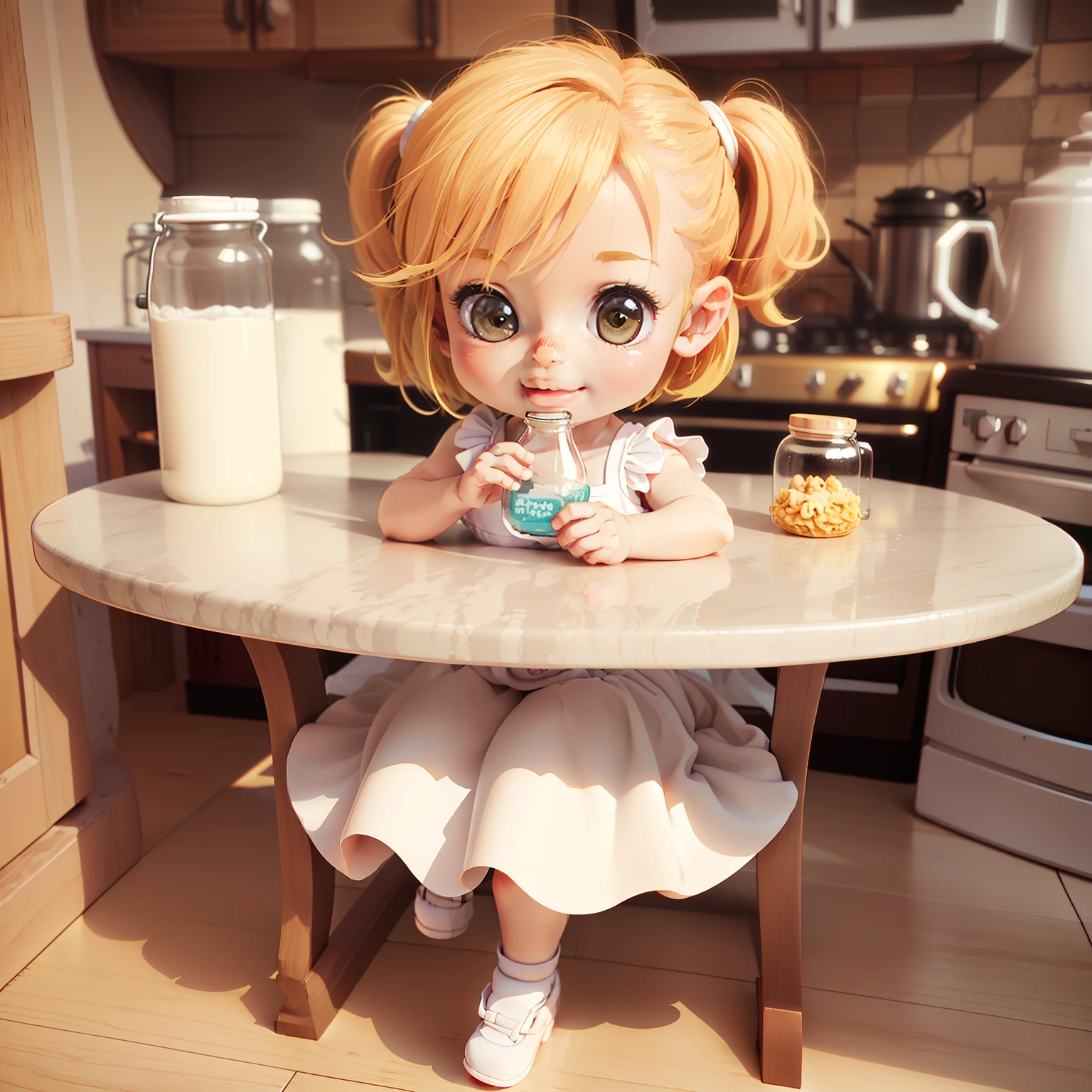 Cute Chibi Anime、(((Chibi 3D))) (Best Quality), (masutepiece)、Chibi Kitchen、(Sit in a milk bottle:1.3)、Yellow hair、kitchenware、Jewelry Decoration Costumes、Open your mouth and smile、a small face、petibody、A detailed face