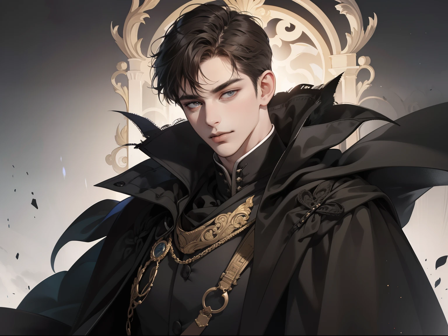 masterpiece, best quality, detailed face, realistic, 1man, mature male, handsome young man, 25 year old, closed mouth, portrait, extremely detailed face, cold and smirk, ((dark grey eyes)), ((short-right-swept dark brown hair)), [thick eyebrows], (on the black throne), ((long black cape)), ((all black cloth)), (dark palace), cool tone