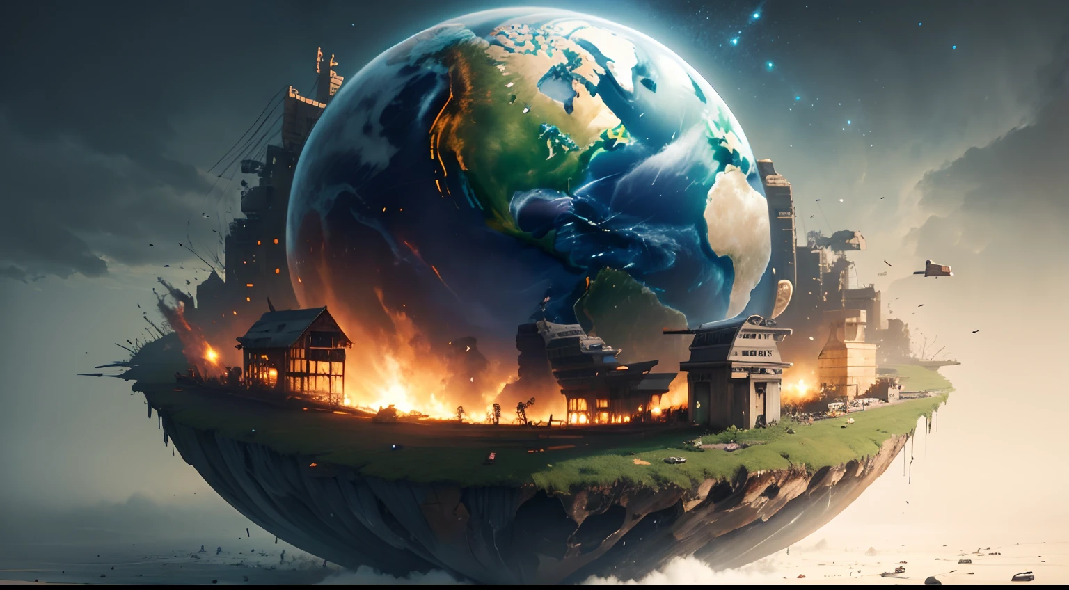 Portray the spreading of disease, war, poverty, and death across the Earth as a consequence of Pandora's actions, with a somber and impactful visual representation