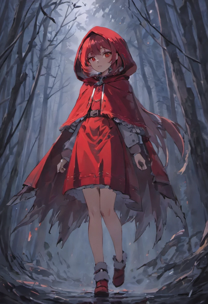 That beautiful Little Red Riding Hood，Little Red Riding Hood floats in the air with a cold expression。She looked 12 or 13 years old，complexion is pale，Tall and tall，cold and glamorous，Full of wildness，Her hood、The shawl was bright red as blood，Under her shawl，It is a linen power suit with a bundled body...，Has a leather shoulder strap on the chest，Wear a python fur belt around your waist，Pedal Deerskin Boots。Eta、What fits this outfit，It was the dagger that shone in the cold light、Hammer and throwing knife... An invisible force bloomed from within her，Form a perfect circle force field，The surface of the mud underfoot is semicircular and concave。subtle makeup，prime time，realisticlying，highly contrast，8K HD，A detailed，Hyper-detailing，realistic skin textures，Cover the red hood，Large cleavage，best qualtiy，超A high resolution，RAW photogr，dramatic  lighting，unrealengine，diffuse glow，intricate red hood，outside of house，realistic detailed dark forest，leaves falling，light wind，（Take the head of a slaughter wolf、dripping blood）