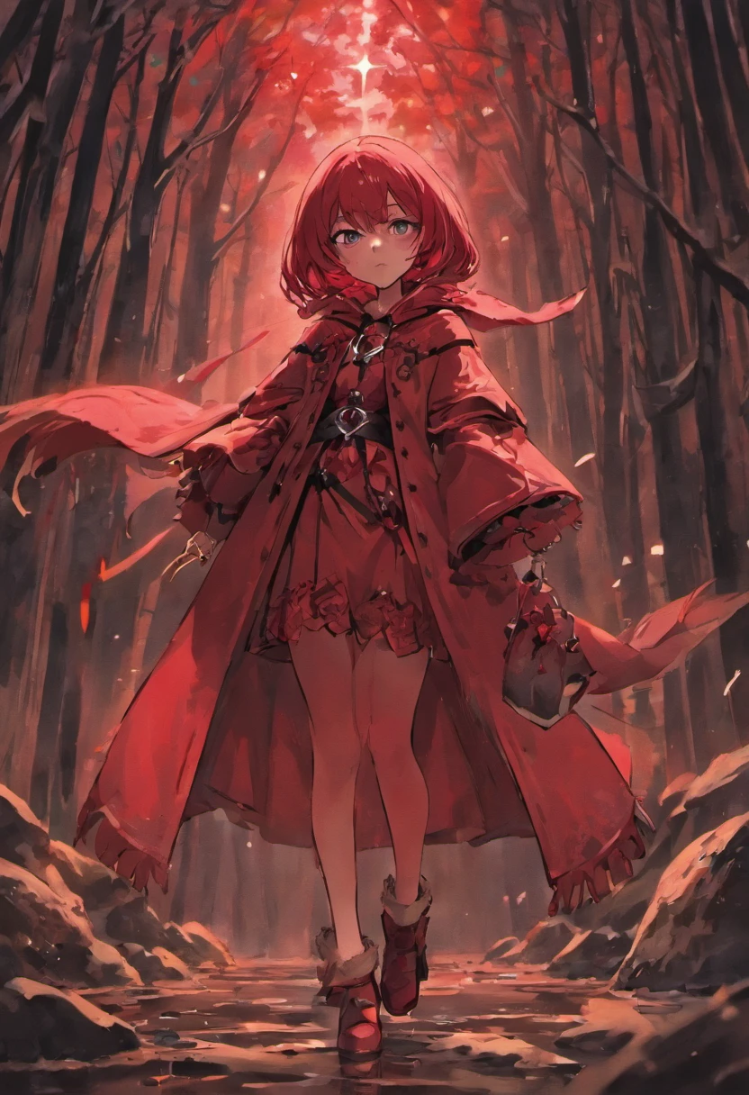 That beautiful Little Red Riding Hood,Little Red Riding Hood floats in the air with a cold expression。She looked 12 or 13 years old,complexion is pale,Tall and tall,cold and glamorous,Full of wildness,Her hood、The shawl was bright red as blood,Under her shawl,It is a linen power suit with a bundled body...,Has a leather shoulder strap on the chest,Wear a python fur belt around your waist,Pedal Deerskin Boots。Eta、What fits this outfit,It was the dagger that shone in the cold light、Hammer and throwing knife... An invisible force bloomed from within her,Form a perfect circle force field,The surface of the mud underfoot is semicircular and concave。subtle makeup,prime time,realisticlying,highly contrast,8K HD,A detailed,Hyper-detailing,realistic skin textures,Cover the red hood,Large cleavage,best qualtiy,超A high resolution,RAW photogr,dramatic lighting,unrealengine,diffuse glow,intricate red hood,outside of house,realistic detailed dark forest,leaves falling,light wind,(Take the head of a slaughter wolf、dripping blood)