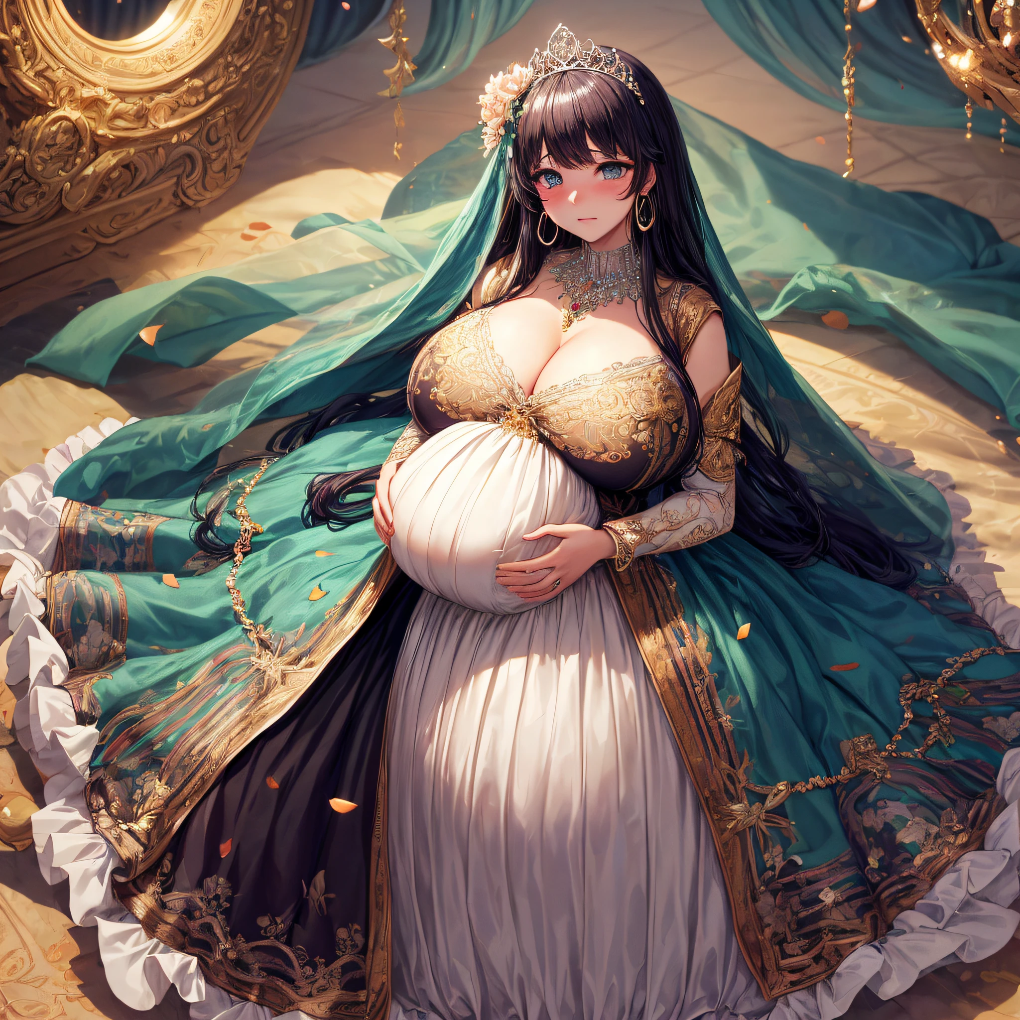 (masterpiece, best quality,extremely detailed:1.1),(moe anime art style:1.2),1girl,((full body,focus face)),((solo)), cute, kawaii,digital art,((1 bling-bling pregnant princess wearing beautiful embroidery and jeweled gorgeous ballgown with jeweled voluminous full length hoop skirt)),(((heavily pregnant))),very big pregnant belly,((crinoline)),long train,voluminous frills,See-through,(gorgeous embroidery and beautiful lace),((very gigantic boobs,skindentation)),cleavage,shiny hair,(((very long hair))),((embarrassed)),anguish,((finely detailed face and eyes)),clear pupil,extremely gorgeousfull hair ornament,(bling-bling jeweled extremely gorgeousfull tiara),(bling-bling gorgeous gemstone jewelry),long veil,beautiful background,fantasy background,flowers,flower petals flowing,full body,((beautiful embroidery and jeweled ruffled gorgeous ballgown with voluminous full length hoop skirt))