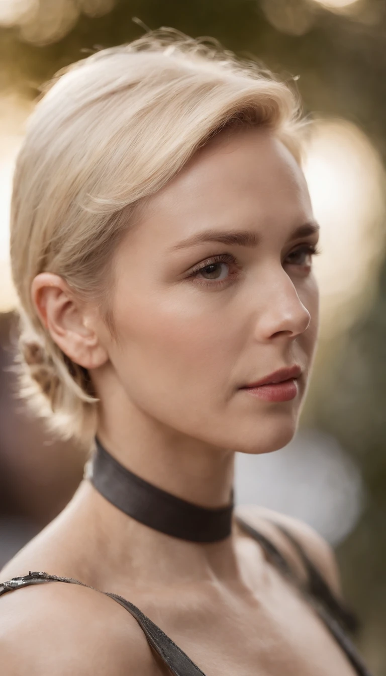 Australian woman, With precise features, Strong Jawline,short-haired, blonde  hair, dynamic angled shot, Enlarged neck, Side view Central profile, High Angle Wide View,  Wearing a futuristic military uniform, 科幻小说　((80years old,mlf,)),(nsfw:1.5),