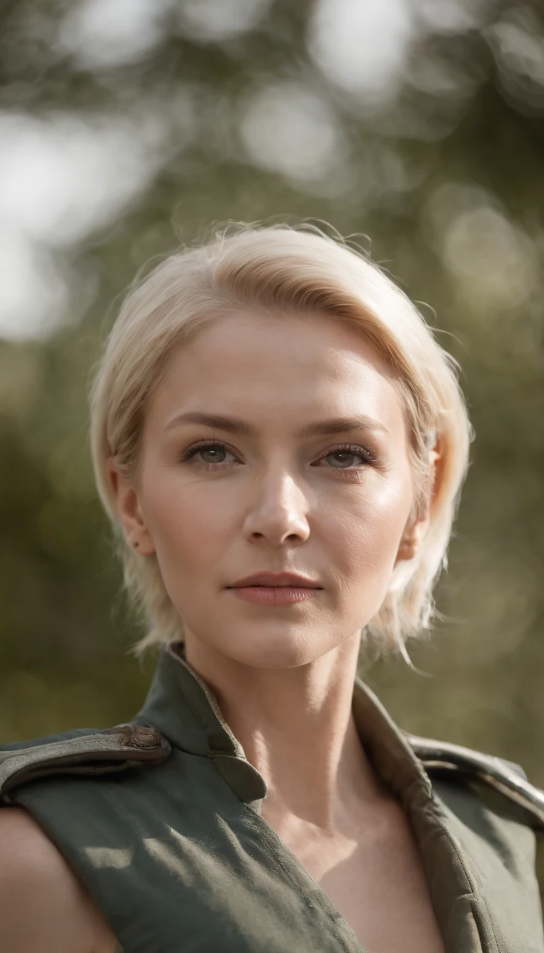 Australian woman, With precise features, Strong Jawline,short-haired, blonde hair, dynamic angled shot, Enlarged neck, Side view Central profile, High Angle Wide View, Wearing a futuristic military uniform, 科幻小说 ((80years old,mlf,)),(nsfw:1.5),