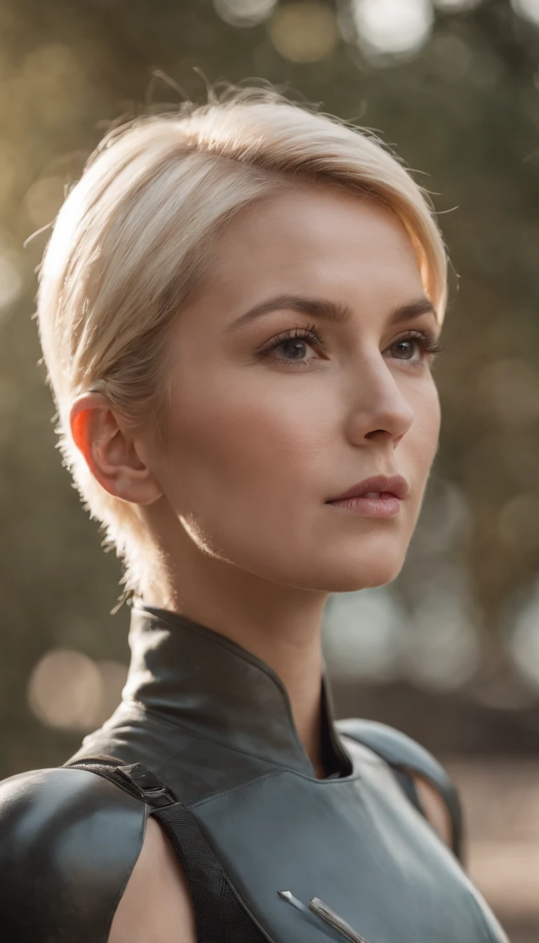Australian woman, With precise features, Strong Jawline,short-haired, blonde hair, dynamic angled shot, Enlarged neck, Side view Central profile, High Angle Wide View, Wearing a futuristic military uniform, 科幻小说 ((80years old,mlf,)),(nsfw:1.5),