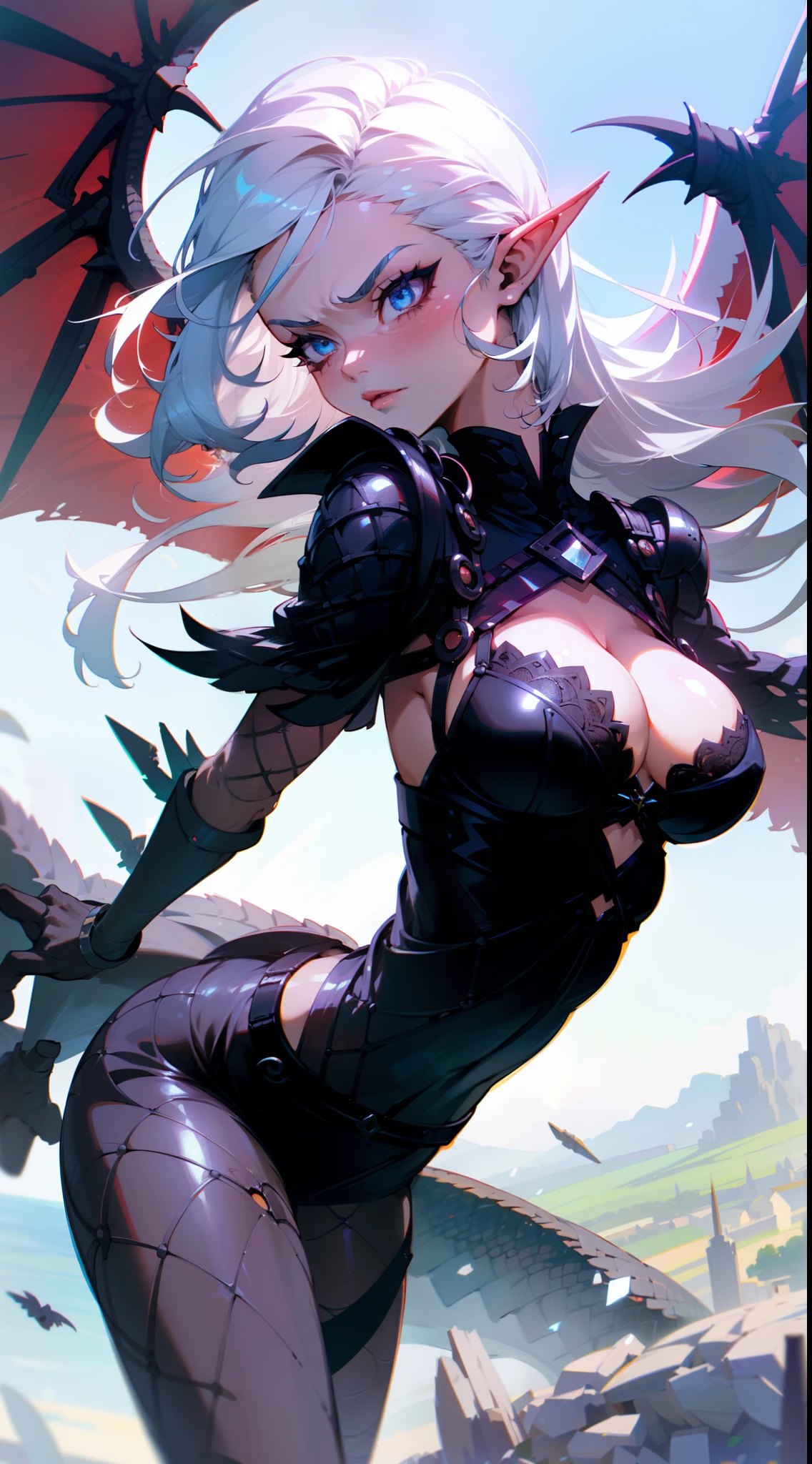 1woman,solo,40s,serious face,black lingerie,white hair,long hair,dragon wings,sexy,blue eyes,elve ear,masterpiece,4k,hd,flying in the sky,detailed face,focus on face,hidden arms,close-up,waist-up view