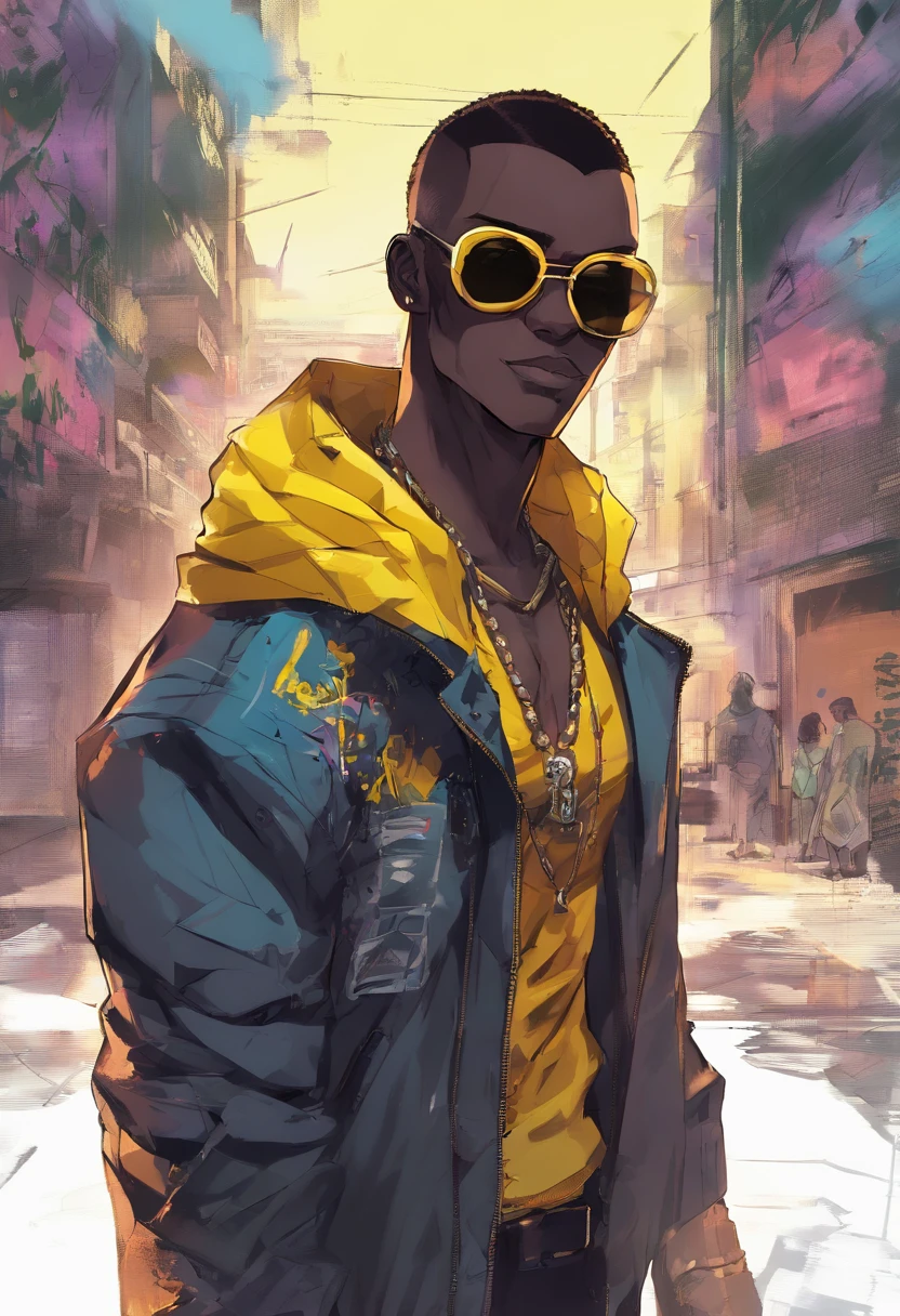 dark skin guy wearing yellow sunglasses black fur-trimmed coat over a dress shirt, and a beaded necklace. trigger anime artstyle, [[[[grinning evily]]]], portrait of ((mischievous)), , male anime character, young anime man, inspired by Miguel from Tekken, tall anime guy with steel blue eyes, fingerless gloves, surban streets with graffiti on the walls, faded haircut, slickback hair