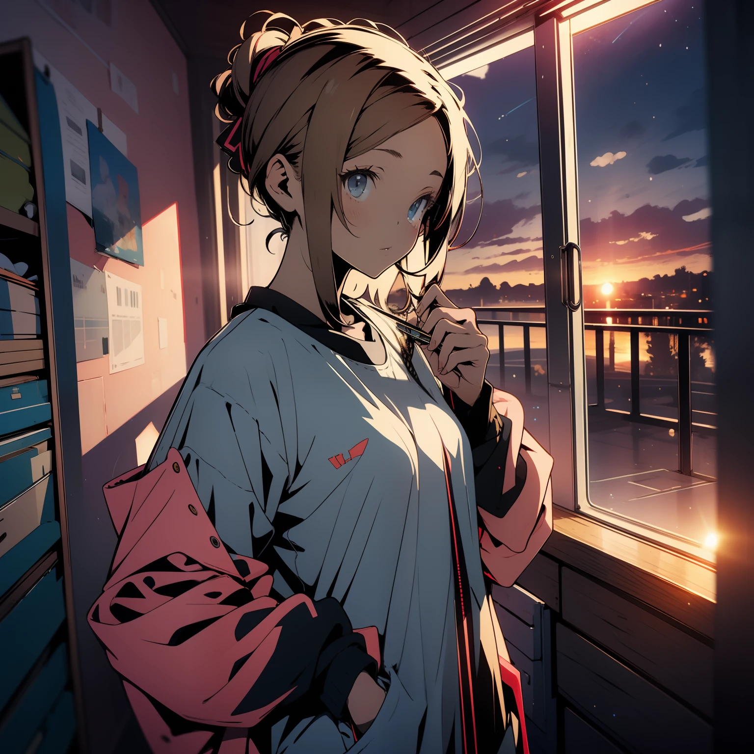 Masterpiece, high Quality, girl, hair tied up, hair with colorful highlights, exposed skin in a sexy way, big clothes, baggy clothes, comfortable clothes, indoors, night, sunset, dark room, distractedly fiddling with something,
