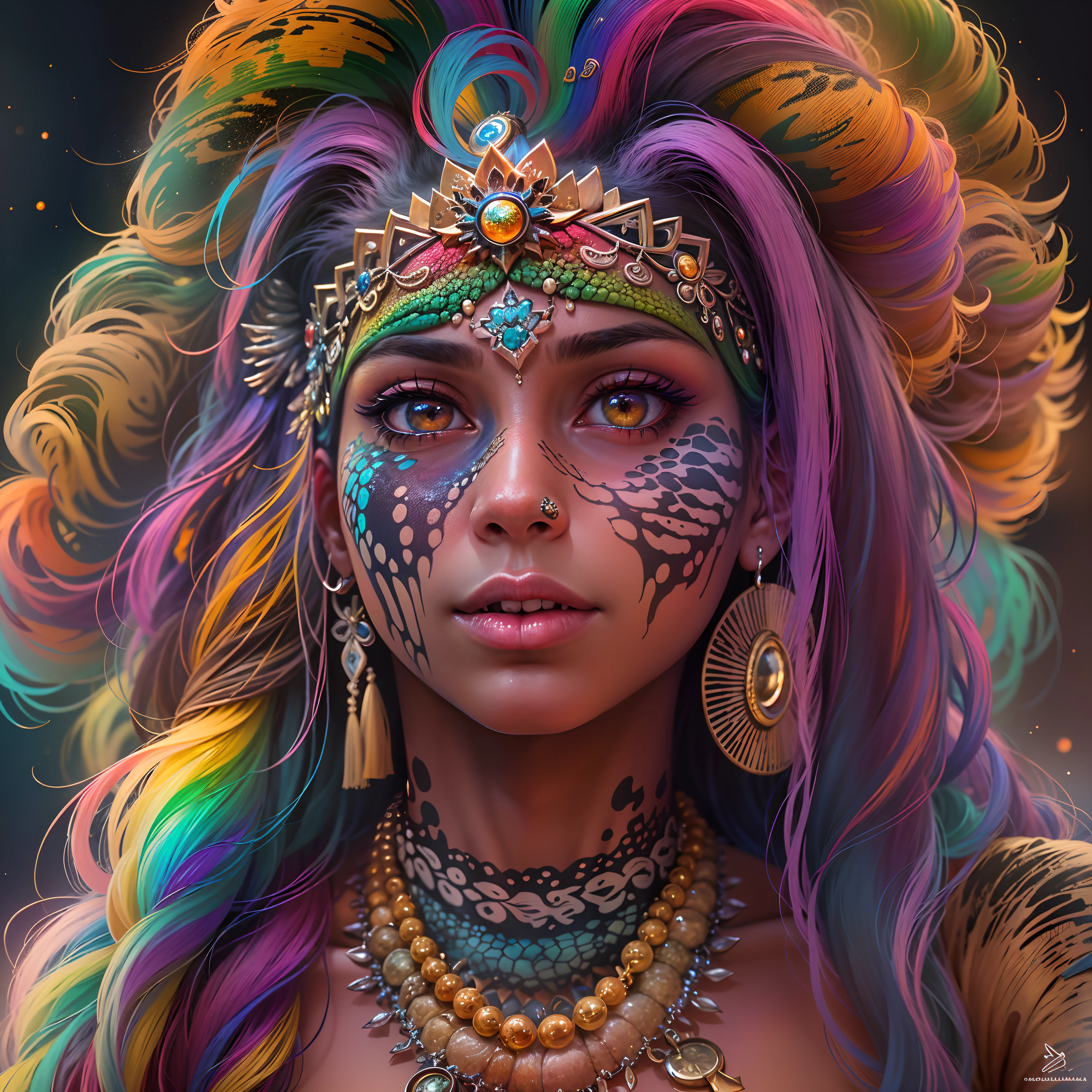 16k, UHD, (best possible quality), (Ultra Detalhado), (best possible resolution), (dedos bem detalhados), (Very detailed hand), (perfeito_Hands), perfeito , (master part), , ((olhando para o observador):1.3), (rosto angelical), (feminina), (delicado), (Rosto ultra realista), (rosto perfeito), ((olhos ultra realistas):1.2), ((18 anos):1.5), mulher, (seios grandes), (cintura fina), (quadris largos), ((sozinho):1.5), ((UMA CURIOSA CAMALEOA):1.5), ((skin with Chameleon Scales):1.3), (tribo), ((rainbow hair):1.5), (Native of a long-forgotten Vastaya tribe, Neeko can blend into any crowd, take on the appearance of others and even absorb part of their emotional state to immediately identify who is friend or foe. Nunca se sabe onde Neeko pode estar, nem mesmo quem pode ser, But those who intend to hurt her will soon see her true colors and all the strength and magic of her primitive spirit working against them)