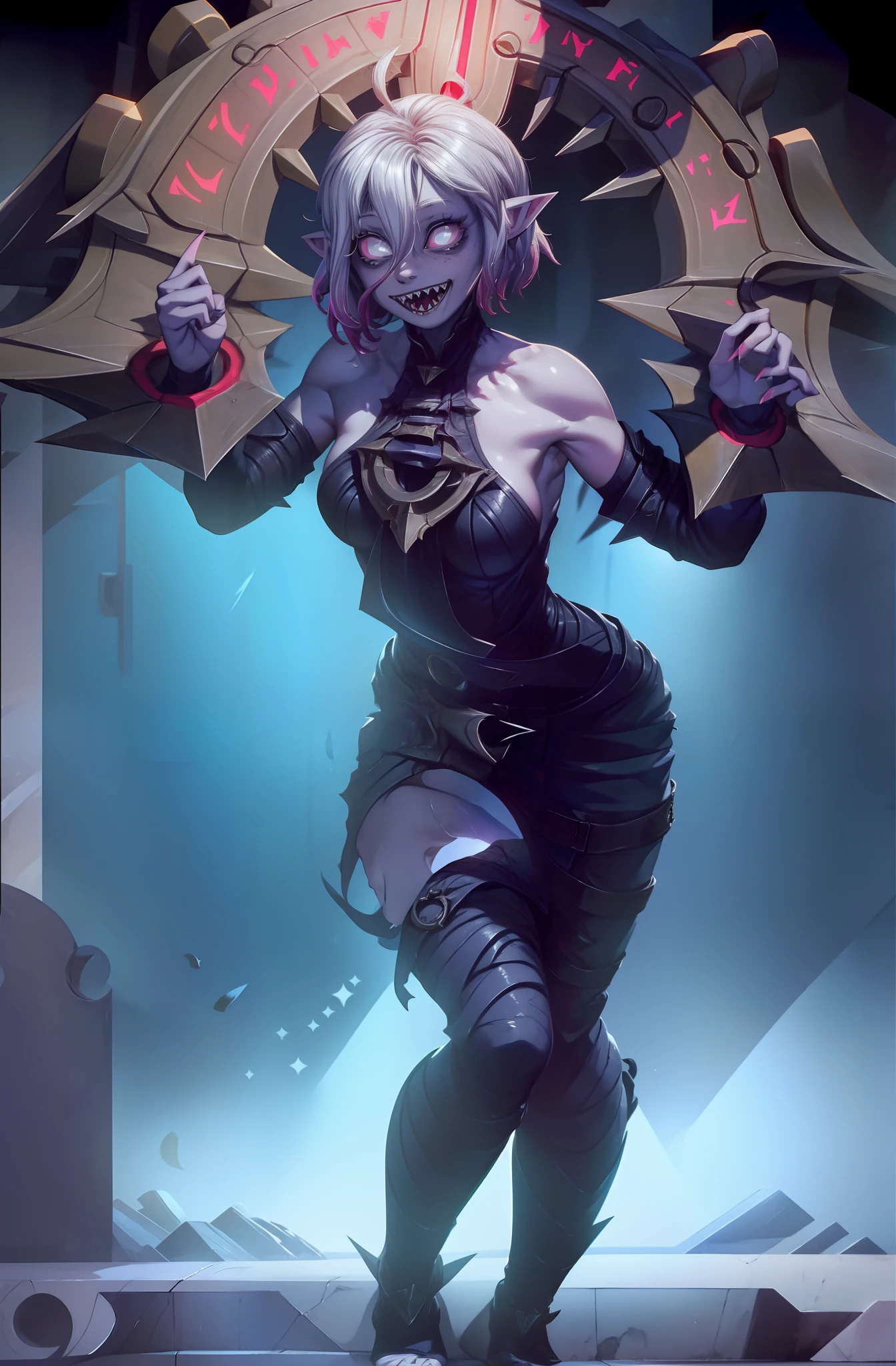 (masterpiece, best quality, ultra-detailed), 1girl, BriarLoL, grey skin, white hair, short hair, (pointy ears, sharp teeth), looking at viewer, standing, full body, bat wings, standing