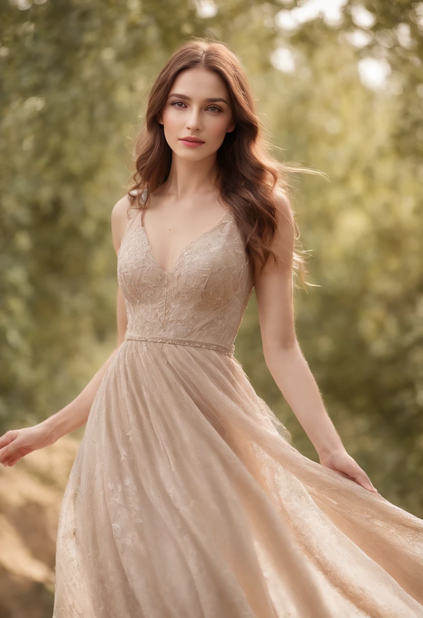 full-length photo Of A Beautiful Woman, Unique Dress, Vibrant, Depth of field, In Beautiful Dress, (( Natural Light)), (( Sunny Day )),(( Beautiful Clear Brown Eyes )), long Brown Hair, (( Unique Hair Ornament )), In Centre, (( Photorealistic )), DSLR, Highly Detailed, 4k, Extreme Details, Realistic, (( Wide Shot )), full-length photo, full-body shot