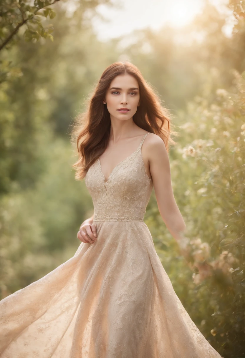 full-length photo Of A Beautiful Woman, Unique Dress, Vibrant, Depth of field, In Beautiful Dress, (( Natural Light)), (( Sunny Day )),(( Beautiful Clear Brown Eyes )), long Brown Hair, (( Unique Hair Ornament )), In Centre, (( Photorealistic )), DSLR, Highly Detailed, 4k, Extreme Details, Realistic, (( Wide Shot )), full-length photo, full-body shot