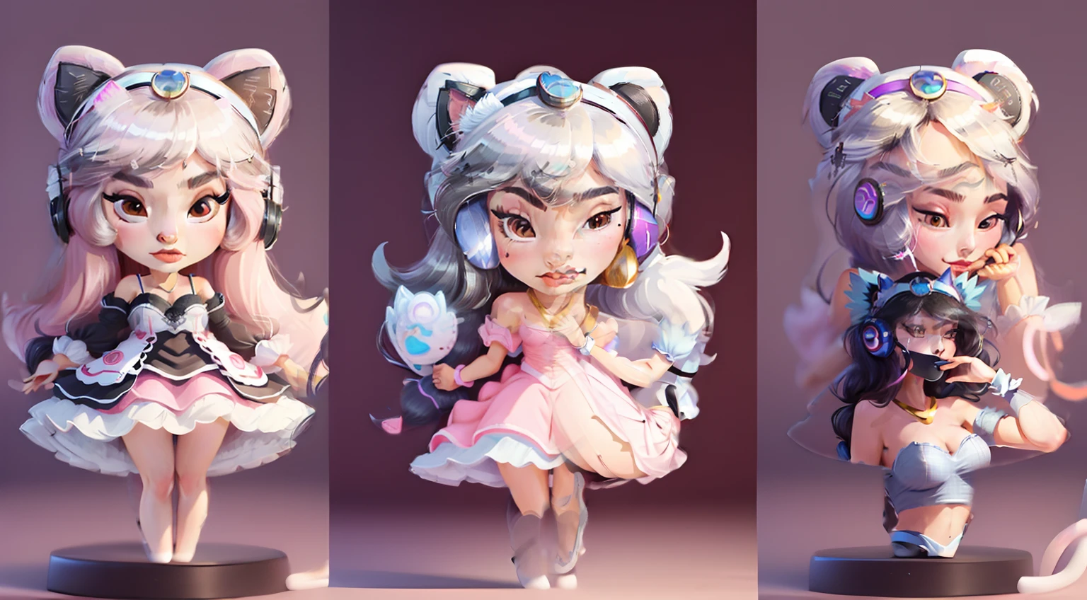 make，best qualtiy，Lots of detail，(full bodyesbian:1.2)，tchibi，Cat girl，Black color hair，pink long skirt，Blue headphones，Quadratic plane，Q printmaking style，three sided view（is trying，90° side view and rear view），closeup cleavage，full bodyesbian