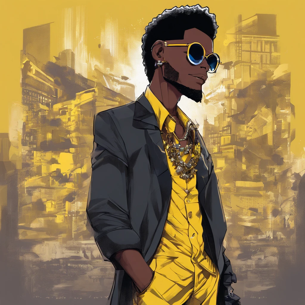 dark skin guy wearing yellow sunglasses, black fur-trimmed coat over a dress shirt, and a beaded necklace. trigger anime artstyle, [[[[grinning evily]]]], portrait of ((mischievous)), , male anime character, young anime man, inspired by Miguel from Tekken, tall anime guy with steel blue eyes, fingerless gloves, surban streets with graffiti on the walls, faded haircut, slickback hair