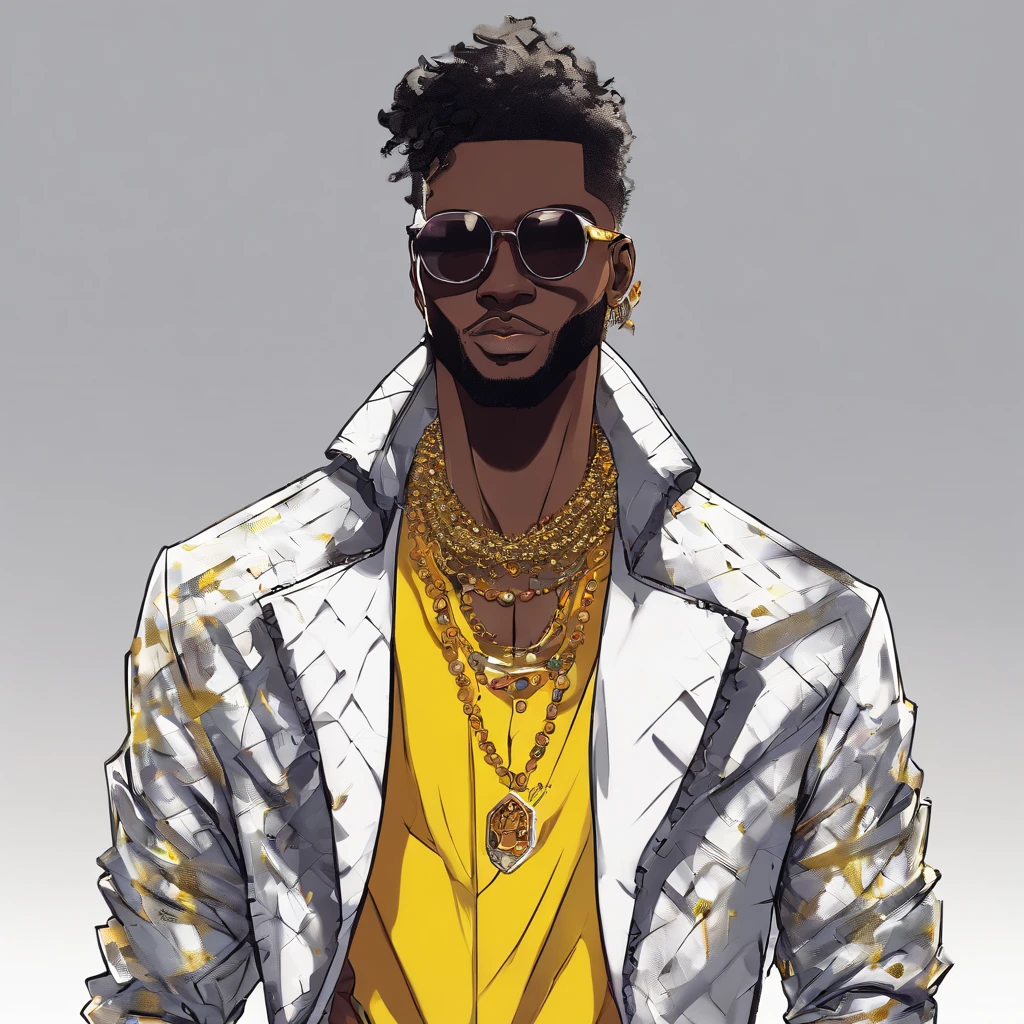 dark skin guy wearing yellow sunglasses, black fur-trimmed coat over a dress shirt, and a beaded necklace. trigger anime artstyle, [[[[grinning evily]]]], portrait of ((mischievous)), , male anime character, young anime man, inspired by Miguel from Tekken, tall anime guy with steel blue eyes, fingerless gloves, surban streets with graffiti on the walls, faded haircut, slickback hair