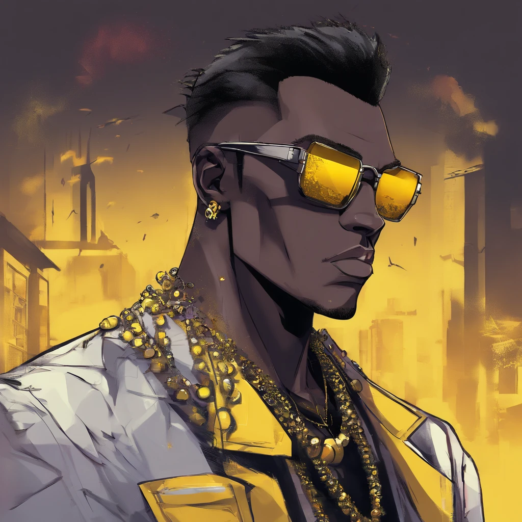 dark skin guy wearing yellow sunglasses, black fur-trimmed coat over a dress shirt, and a beaded necklace. trigger anime artstyle, [[[[grinning evily]]]], portrait of ((mischievous)), , male anime character, young anime man, inspired by Miguel from Tekken, tall anime guy with steel blue eyes, fingerless gloves, surban streets with graffiti on the walls, faded haircut, slickback hair