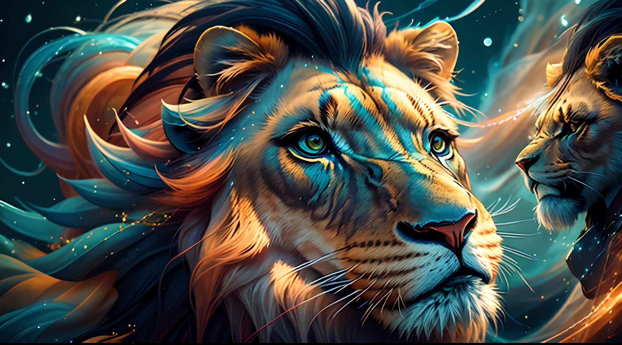 Painting depicting a colored lion on a black background, Breathtaking rendering, inside a radiant connection, inspirado em Kinuko Y. craft,, Magical Elements, uau, it's beautiful, casting a multi colored spell, bright flash, O Flash
