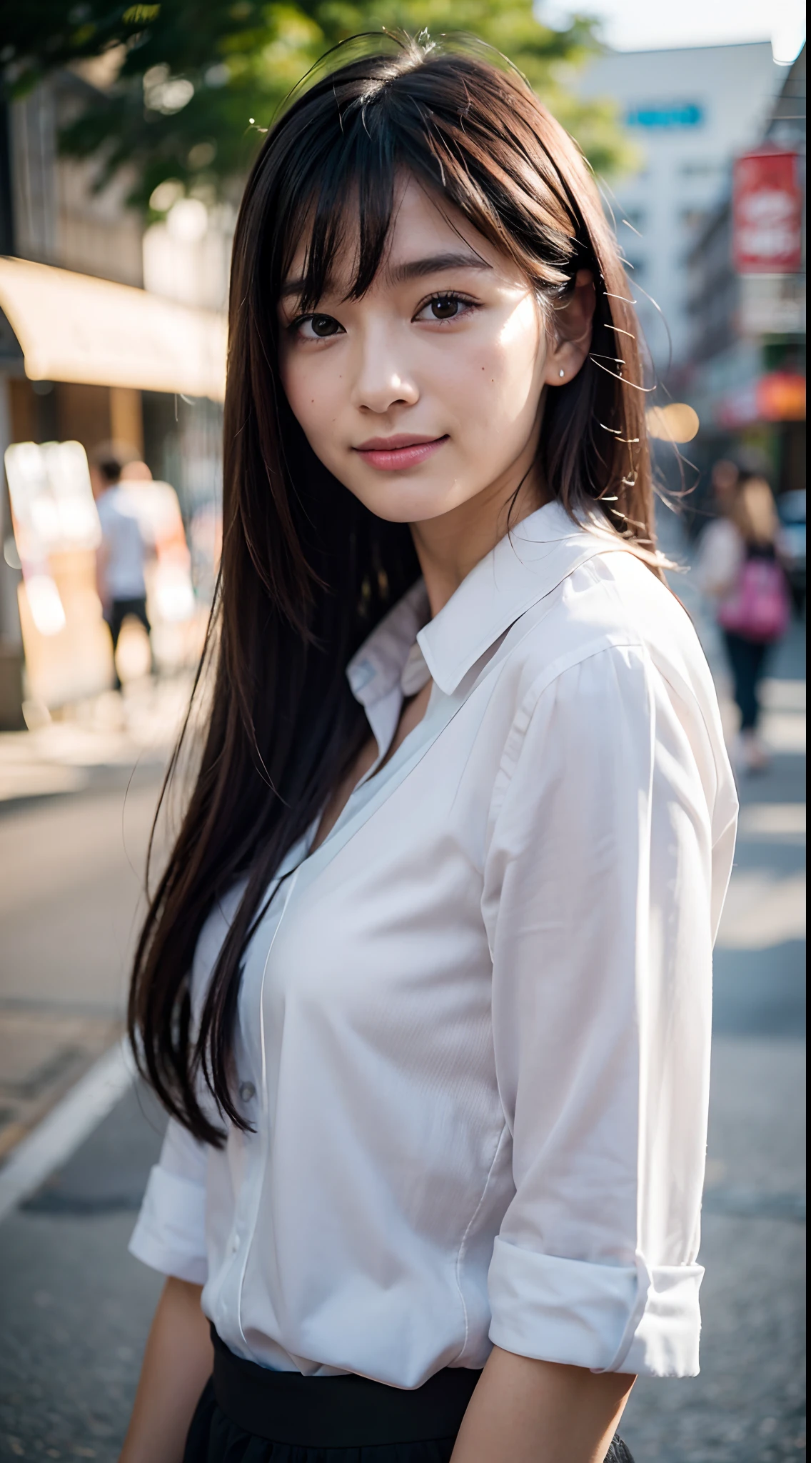 RAW Photos, Camera gaze, ((of the highest quality, 8K, masutepiece: 1.3)), Sharp Focus: 1.2, White shirt, A Japanese Lady、cute features, Best Smile, Cute smile, Beautiful Women in Perfect Style: 1.4, Slender Abs: 1.2, dark brown hair, (Natural light, City Street: 1.1), Highly detailed face and skin texture, Detailed eyes, Double eyelids