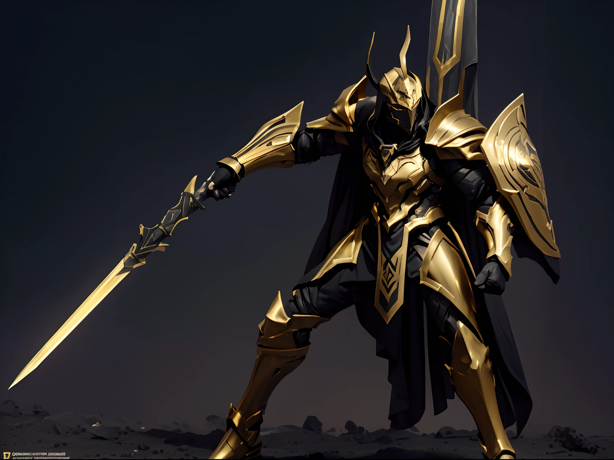 (action figure of Anubis warrior in a warframe style armor with a golden spear), (gold, black, and silver color scheme), (Anubis themed armor with dark black flowing cloak), plastic material with metallic coating, (desolate desert with pyramid background), centered, full body shot, (dynamic action stance pose), vibrant colors, visible figure joints, cinematic shot, volumetric lighting, intricate pattern detail, highly detailed