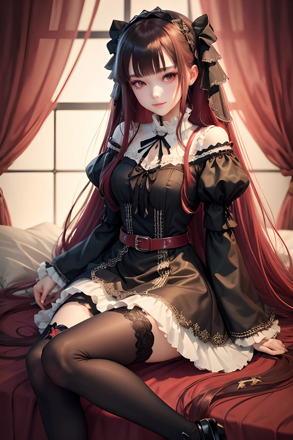 maid clothes、straight haired、A sexy、Glamour、perspiring、Gothic lolita、A slight smil、A sexy、Dark Gothic Makeup、put your hair up、bell sleeves、Wizard Sleeve、garterbelts、knee high socks、a bed、chies、Beauty the world、Unhappy、、Red straight long hair、