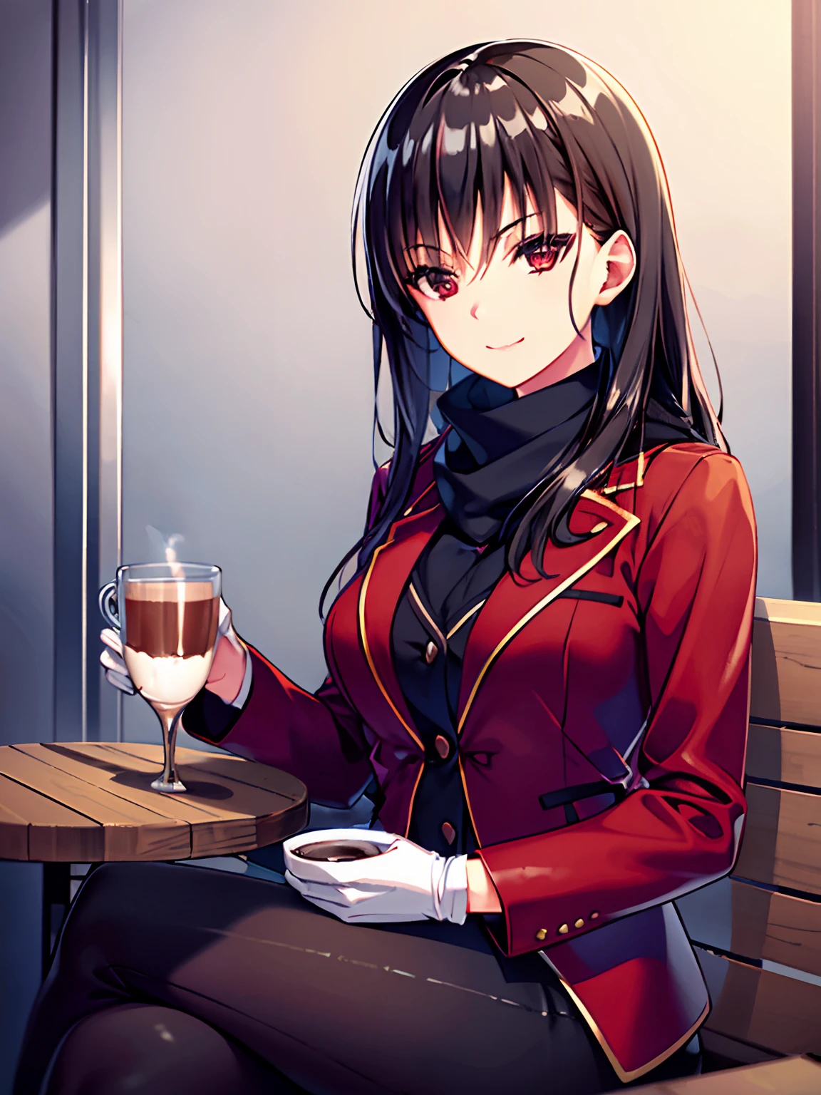 a woman in a coffee shop a large window leading outside in a city where cars are limiting on the road futuristic design, clothes a dark red cold jacket, white gloves, black scarf, dark pants brown boot, with a mug White drinking hot chocolate, red eyes long dark hair Black, in a smiling expression (CG:1.4 extremely detailed),  Highly detailed faces, 8K