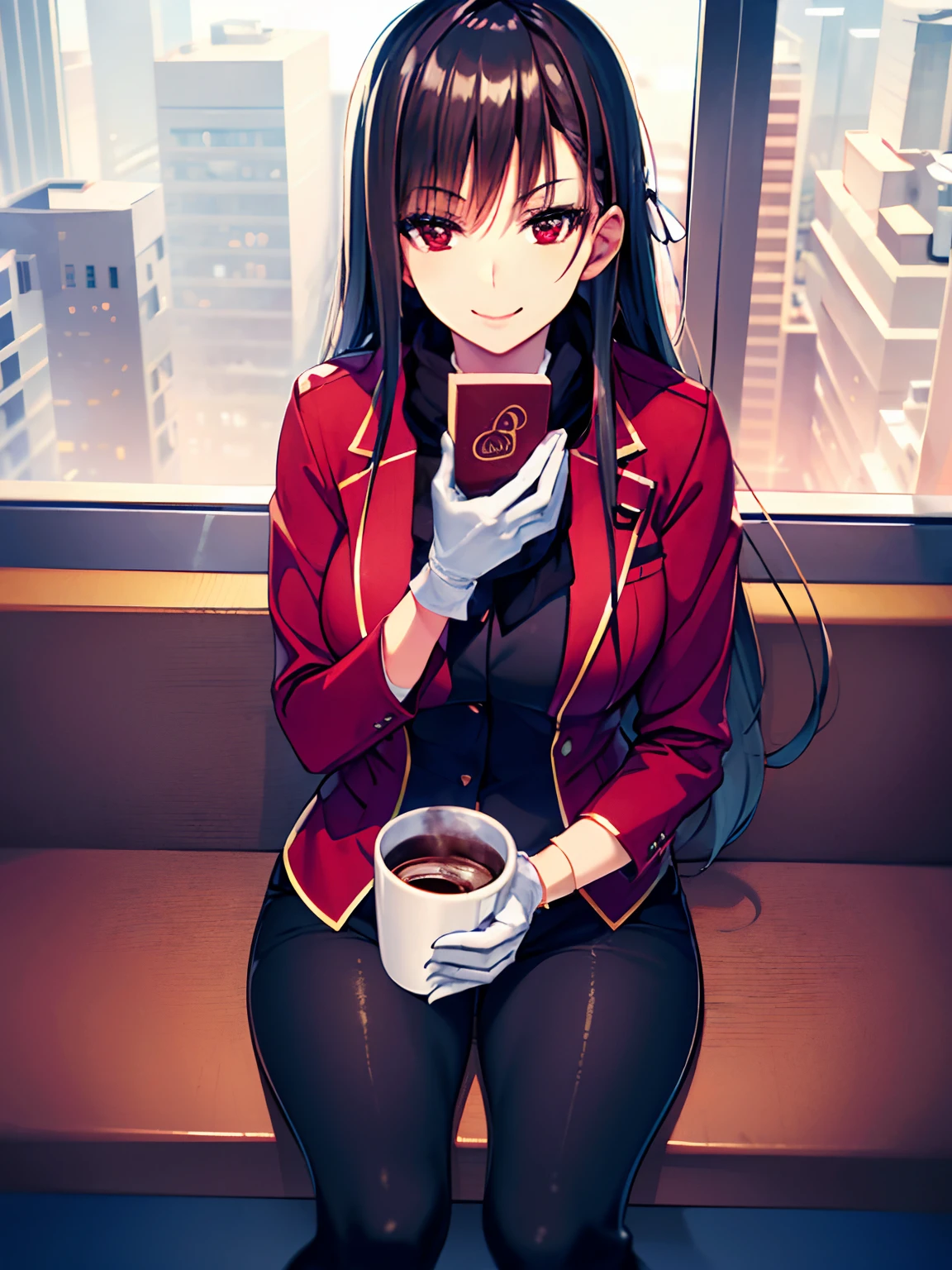 a woman in a coffee shop a large window leading outside in a city where cars are limiting on the road futuristic design, clothes a dark red cold jacket, white gloves, black scarf, dark pants brown boot, with a mug White drinking hot chocolate, red eyes long dark hair Black, in a smiling expression (CG:1.4 extremely detailed),  Highly detailed faces, 8K