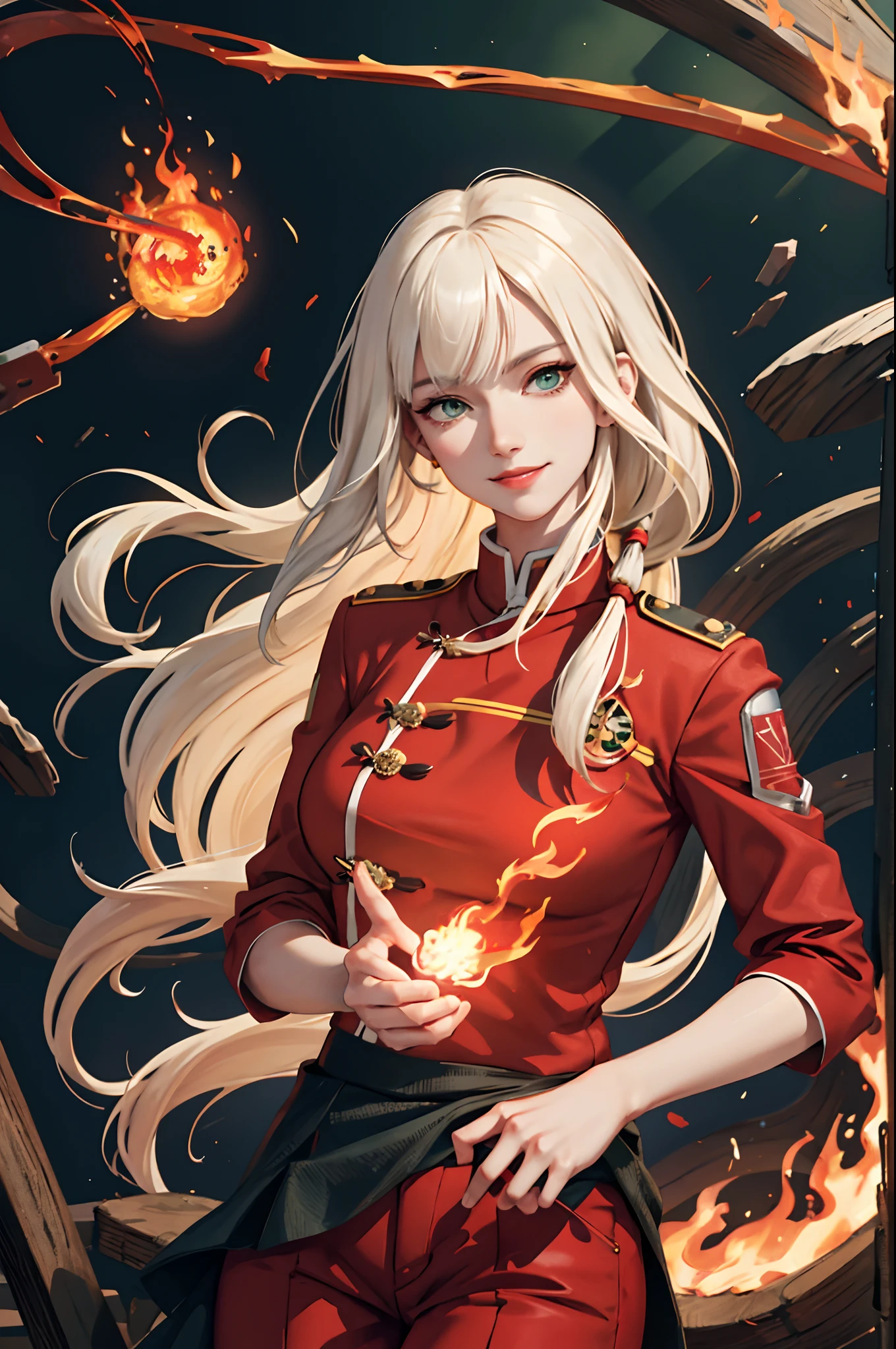 (masterpiece:1.2, best quality), (real picture, intricate details), 1lady, solo, upper body, casual, long hair, minimal makeup, natural fabrics, close-up face, smile, smiling, really long light platinum blonde hair, really long hair, bangs, voluminous hair, green eyes, emerald green eyes, big breasts, big boobs, big tits, firebendee clothing, red clothing, pants, top, firebender pants, fire bender top, Korean bangs, cute bangs, mature face, 1adult, 1 female, 1 woman, (fire bender uniform), Firebender, red clothing, Firebending, firebender (Avatar the Last Airbender), (green eyes)