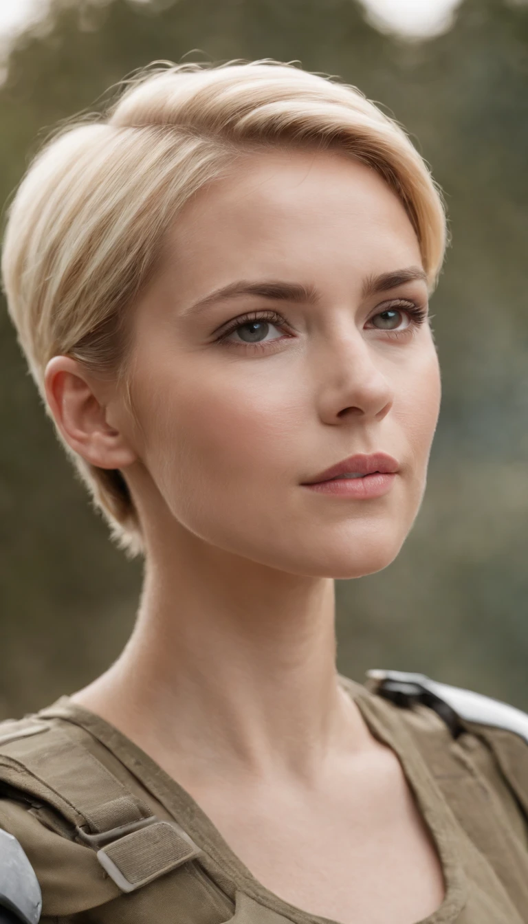 Australian woman, With precise features, Strong Jawline,Short hair, Blonde hair, dynamic angled shot, neck zoomed in, Side view profile center, Wide-angle high-angle view,  Wearing a futuristic military uniform, Science fiction