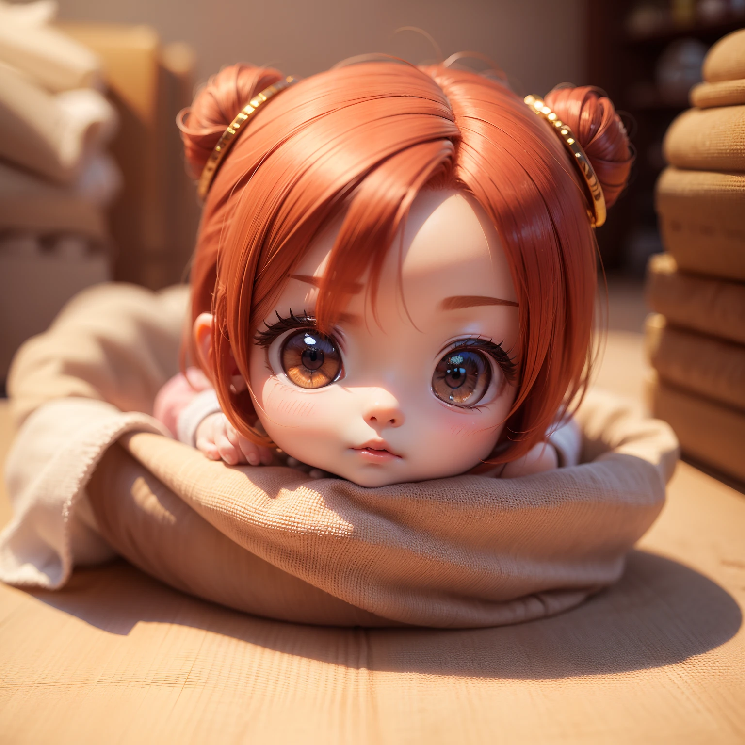 Cute  Chibi Anime、(((chibi 3d))) (Best Quality), (masutepiece)、Chibi linen storage warehouse、red hairs、Jewelry Decoration Costumes、Linen products、a small face、petibody、A detailed face、Choosing a towel