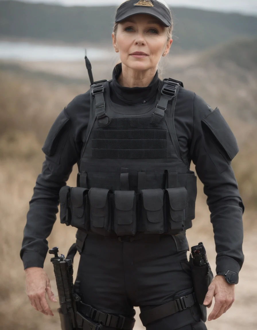 Full body, Navy Girl. Dressed in a sleek black tactical suit、Wearing combat gear. Wears only a tactical vest decorated with ammunition and equipment pouch. He embodies the qualities of a highly trained and skilled warrior.(80years old,milf,)),(NSFW:1.5),