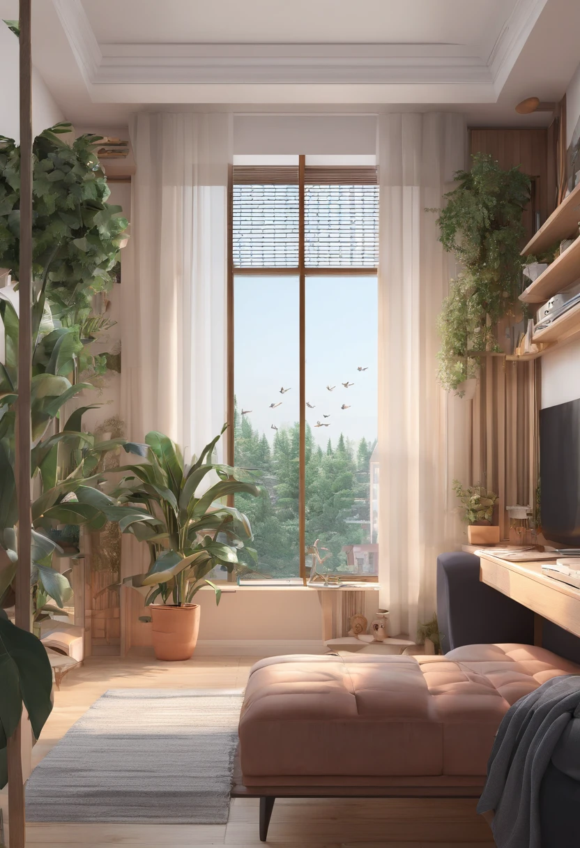 isometric : 1,5), , appartement, lit, Sofa, (Little Bonsai : 0,8), lampe de bureau, television, peinture murale, 3d, Disney, photo panoramique, fond blanc, fond uni, Global lighting, lancer de rayons, modelage, Hdr, Rendu vray, Real rendering, Behance, Dribbble, ArtStation, beste-Qualit, 8k,Archviz