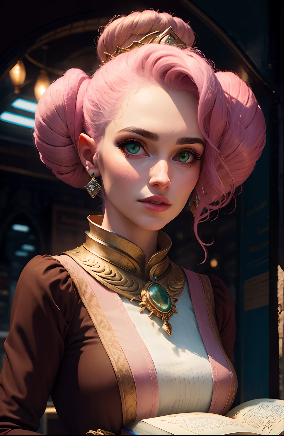 Uma personagem 3d realista, com olhos verdes, cabelos loiros, thin chin and pink lips. Ela tem 1,50 metros de altura, She is a noblewoman from a wealthy family. She has possession of the book of knowledge that gives her the ability to know and understand other worlds and their technologies and magic.