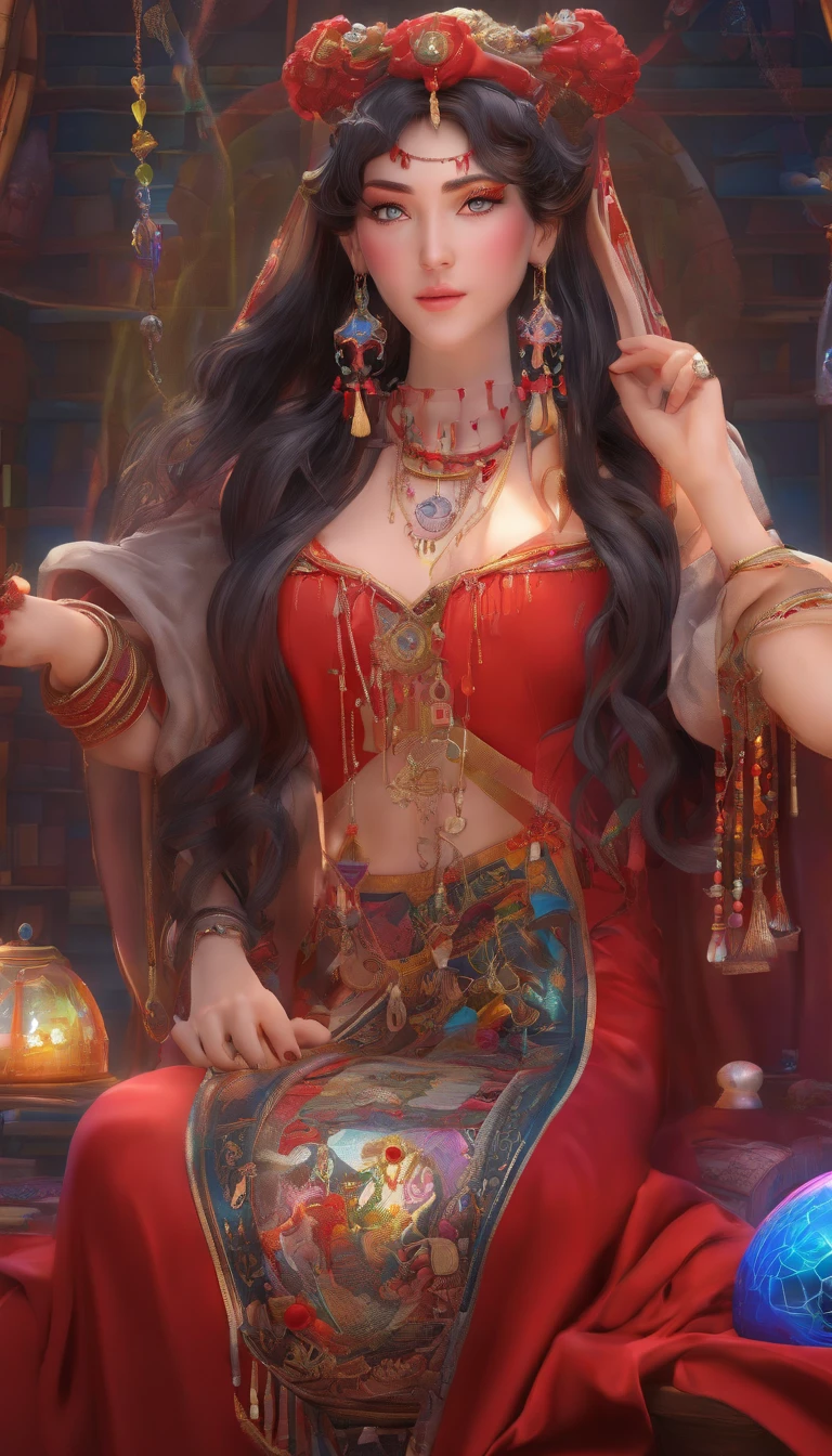 [Rei Hino Sailor moon] Rei Hino gypsy tarot reader, wearing a long blood red satin dress, embroidered with silver threads and a black shawl richly adorned with beads and ancient coins, silver rings on her fingers, bracelets and protective amulets on her wrists, On her bust hung a silver chain with a transparent crystal pendant that sparkled the colors of the rainbow, her home was a colorful tent, adorned with mystical symbols and richly decorated tapestries, in the center of the tent was the table where she had her latest tarot game, animation 3d