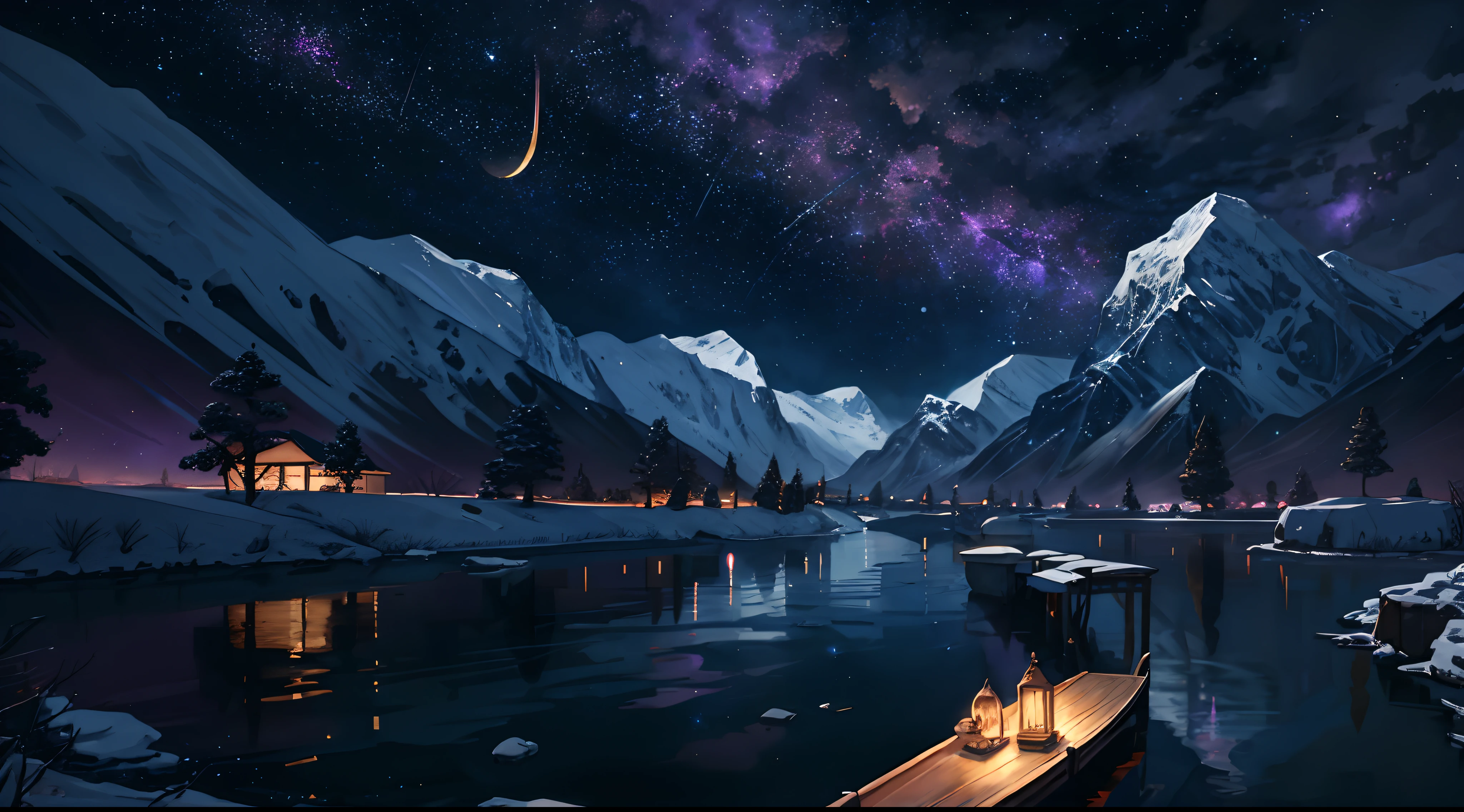 A painting of a river with stars and moon in the sky, concept art inspired by Tosa Mitsuoki, pixiv contest winner, best quality, fantasy art, beautiful anime scene, a bright moon, moonlit starry environment, dream painting, Anime Background Art, Fantasy Landscape Art, Fantasy Night, Anime Background, Background Artwork, Fantastic Art, Atmospheric Anime, Starry Sky, Detail Enhanced. Purple Galaxies