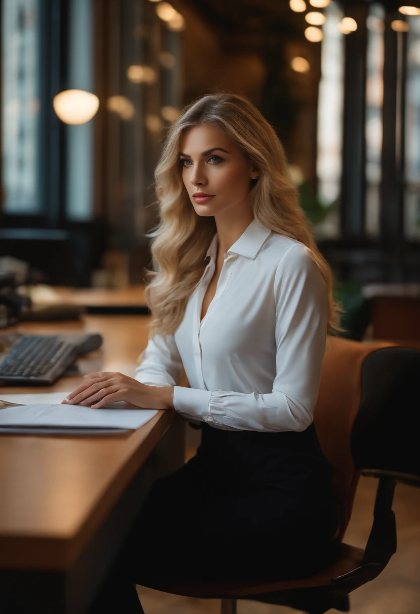 professional, (4k photo:1.1), (Dittmann Anna:0.3), (Arian Mark:0.3), (Sharp focus:1.3), high detail, wearing trendy business clothes, beautiful detailed face, hazel eyes, long blonde hair, body shape, office with desk, with windows ahowing diagonal avenue of Barcelona