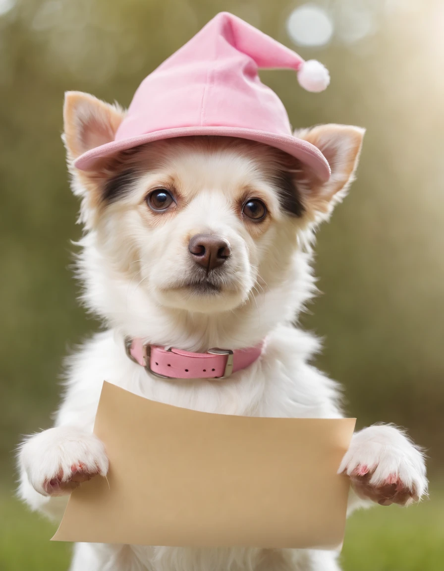 Make a Golddust Yorkshire dog by holding a blank paper on its front paws and wearing a pink cap